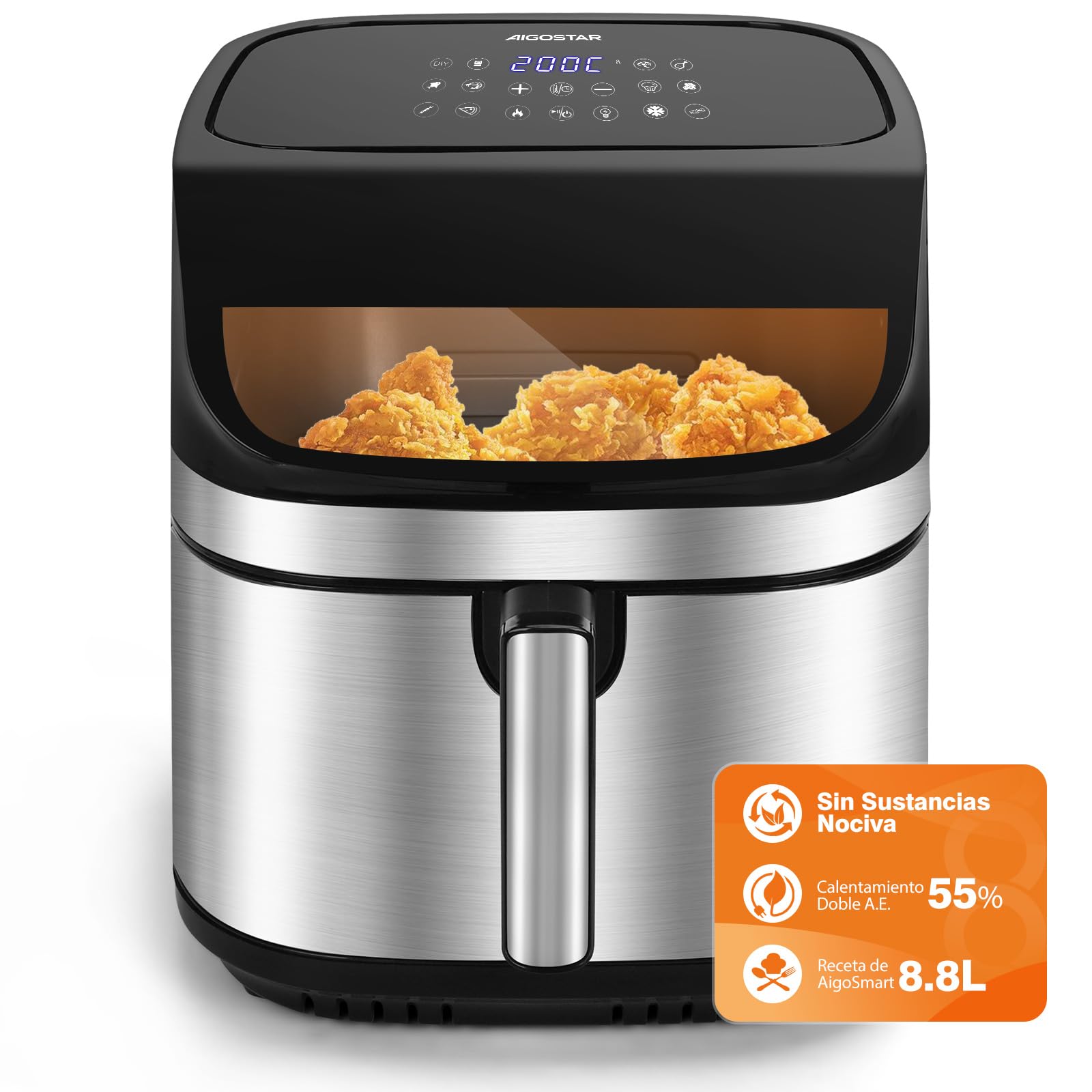 Aigostar Freidora de Aire XXL 8.8L Air Fryer 2200W, Doble Resistencia, 55% Menos Energía, Air Fryer con 13 Programas, Acero Inox Interior, Pantalla Táctil y Ventana, Comunidad Recetas, Negro