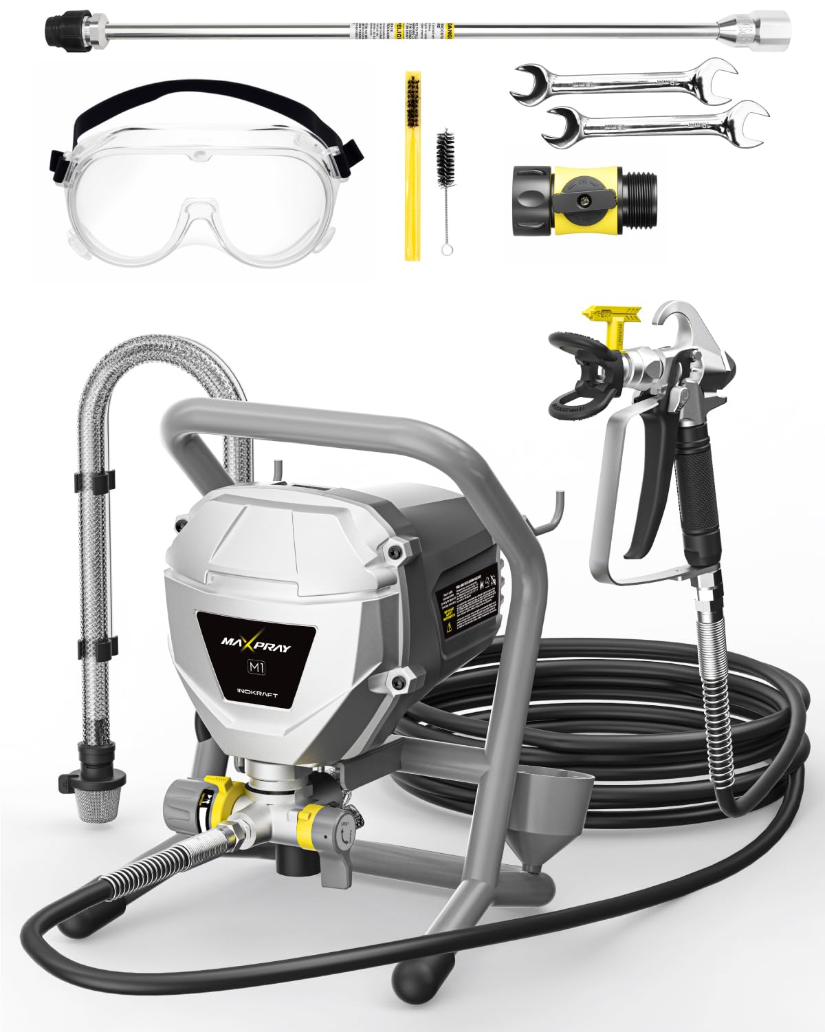InoKraft MaXpray M1 Airless Farbspritzgerät, hocheffizient, verdünnungsfrei, minimaler Overspray, für DIY-Malprojekte im Außen- und Innenbereich von Häusern, mit Farbspritzzubehör