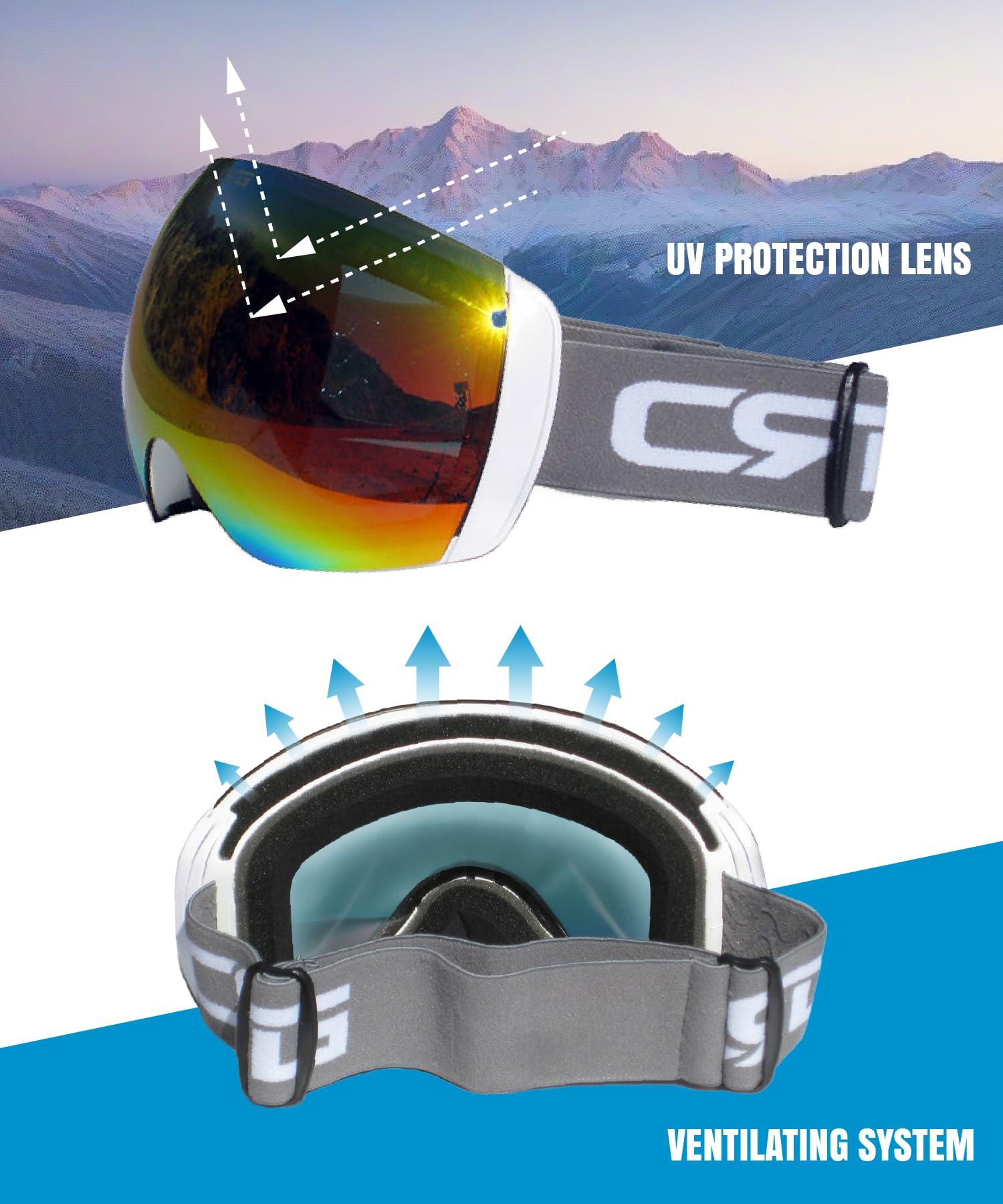 CRG Sports Gogle narciarskie - bezramowe gogle śnieżne dla mężczyzn i kobiet - 100% ochrona przed promieniowaniem UV T815S-159 (REVO Red)