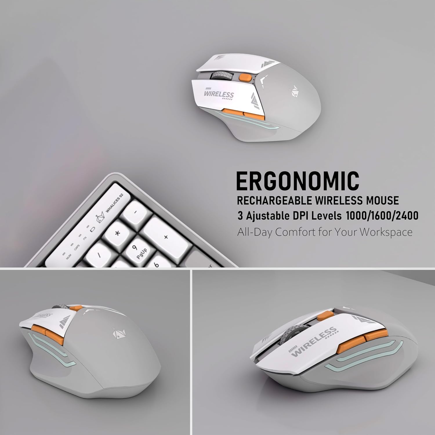 Rechargeable Wireless Keyboard and Mouse Combo, Full-Size - White-Gray image 3