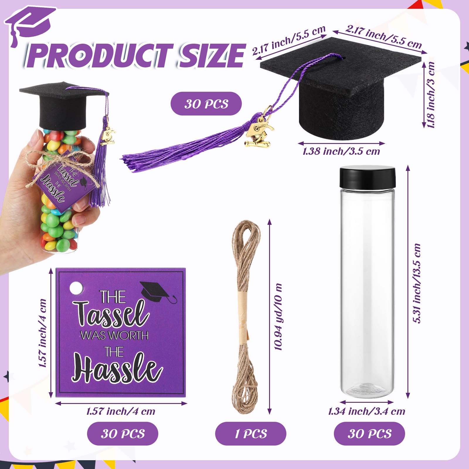Willinglong 30 Set 2025 Graduation Candy Jars Set 100 ml Fillable Clear Plastic Candy Container with Cap with Tassel and Cards for DIY 2025 Graduation Party Favor(Purple)