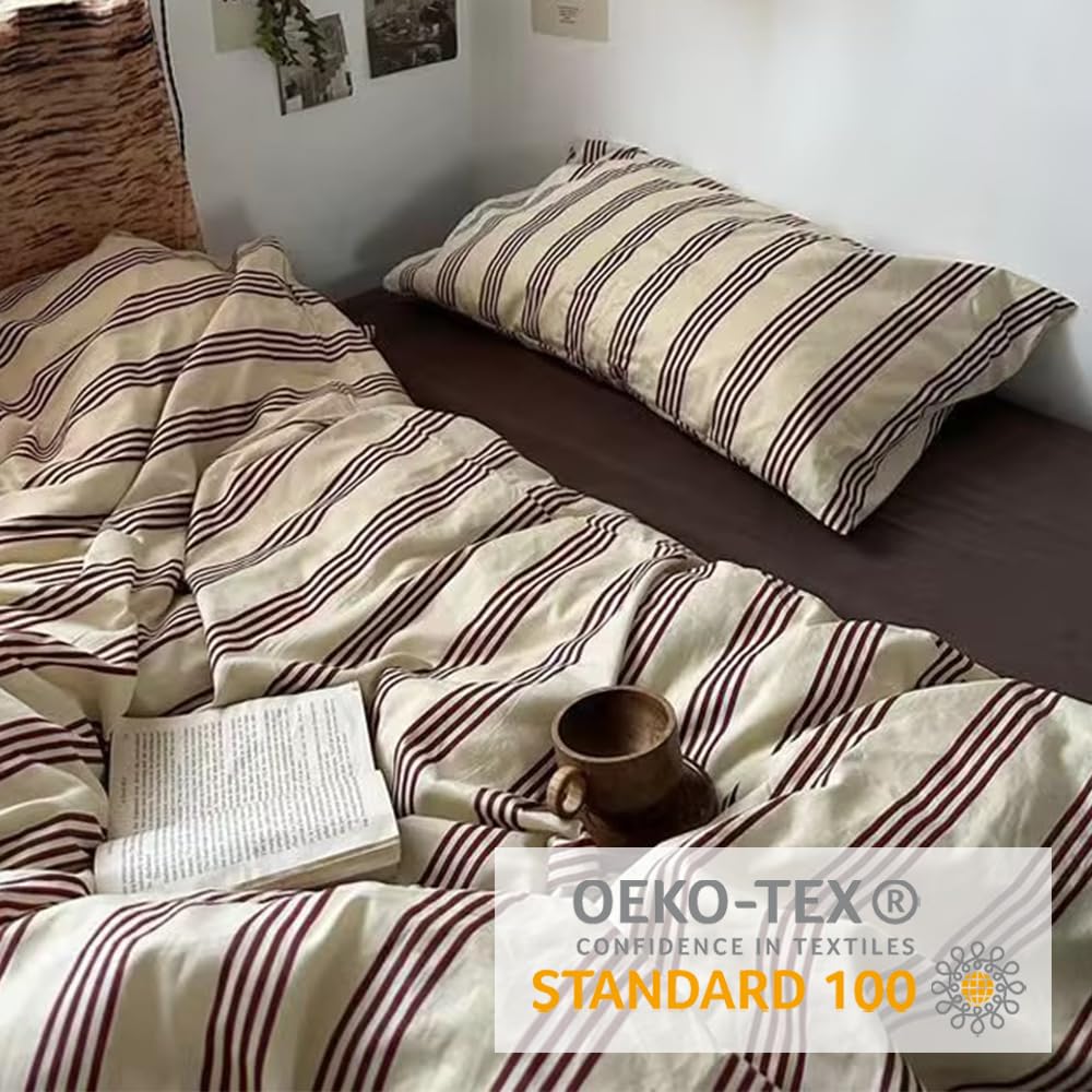 Freyamy - Funda nórdica de 200 x 200 cm, diseño de rayas, color rojo y beige, juego de cama para 2 personas y niñas, con cierre de cremallera, con 2 fundas de almohada de 65 x 65 cm