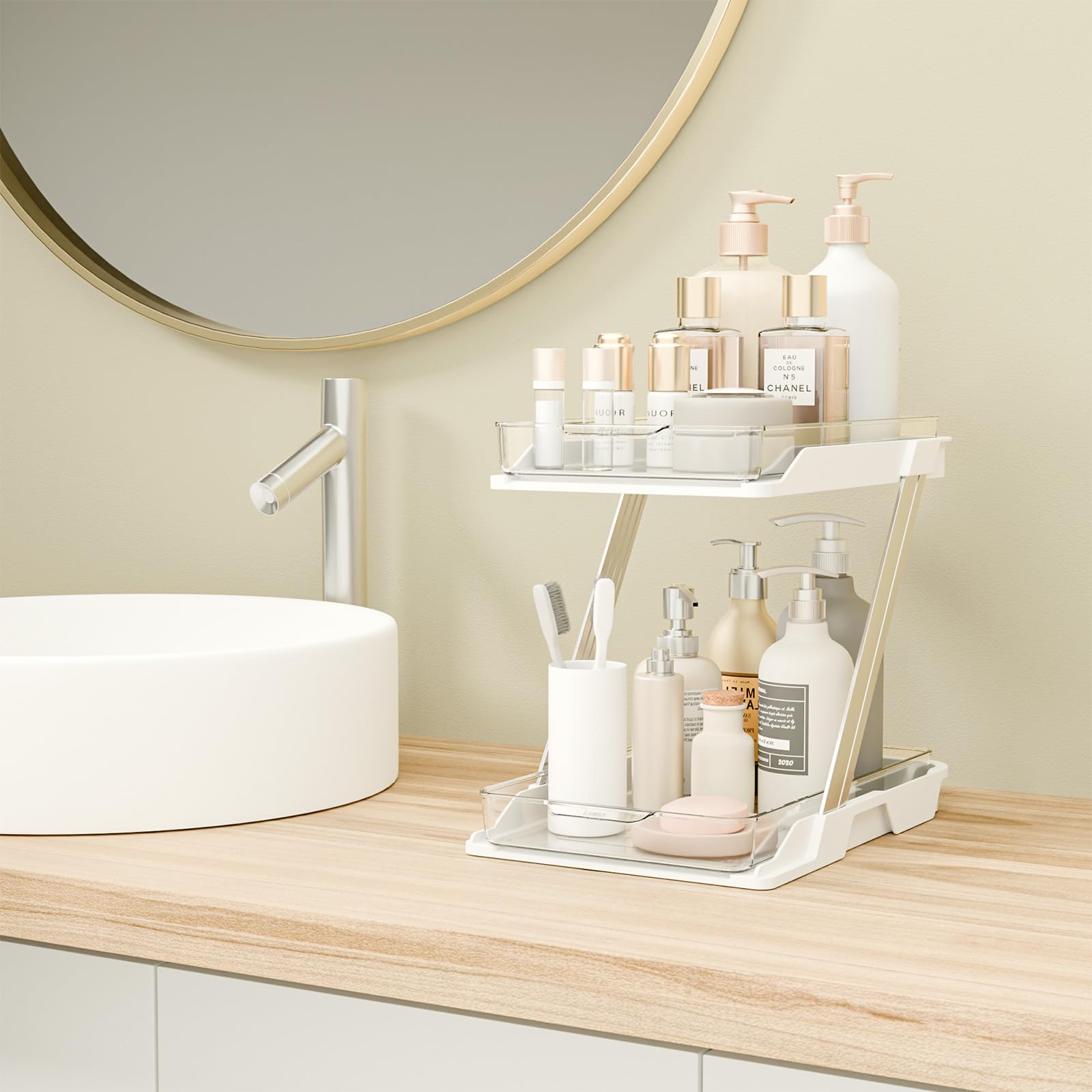 AUGBEAN 1 Pack Bathroom Organizers and Storage - Multi-Purpose,2-Tier Clear Pull Out Organization for Bathroom,Under Sink,Kitchen,Vanity,Countertop,