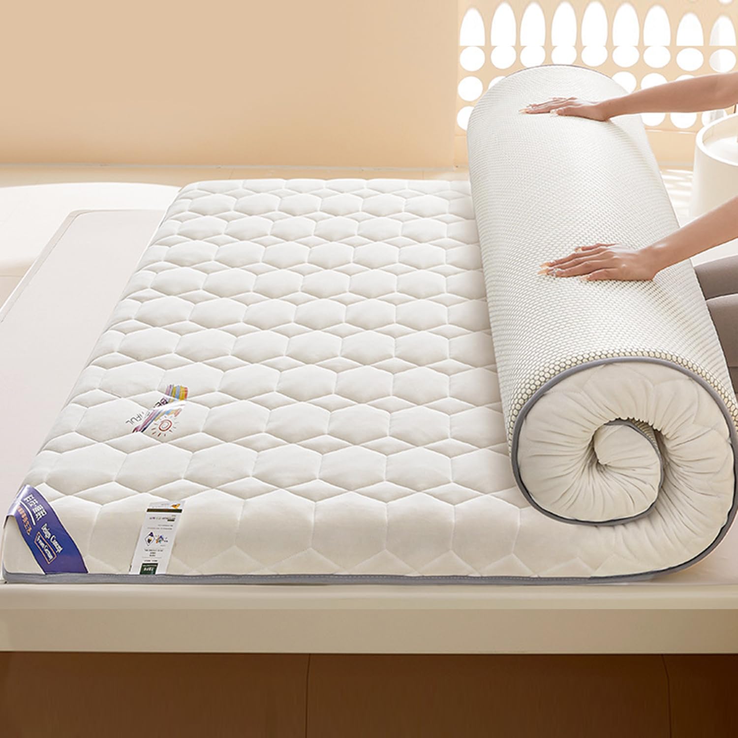 White/9cm,90x190cm, Matras en Mousse De Mémoire Futon Topper Matras Japonais Traditionnel 4.5Cm/9Cm Épaisseur Respirable Coussin De Couchage avec Bande Élastique pour Dortoir Camping