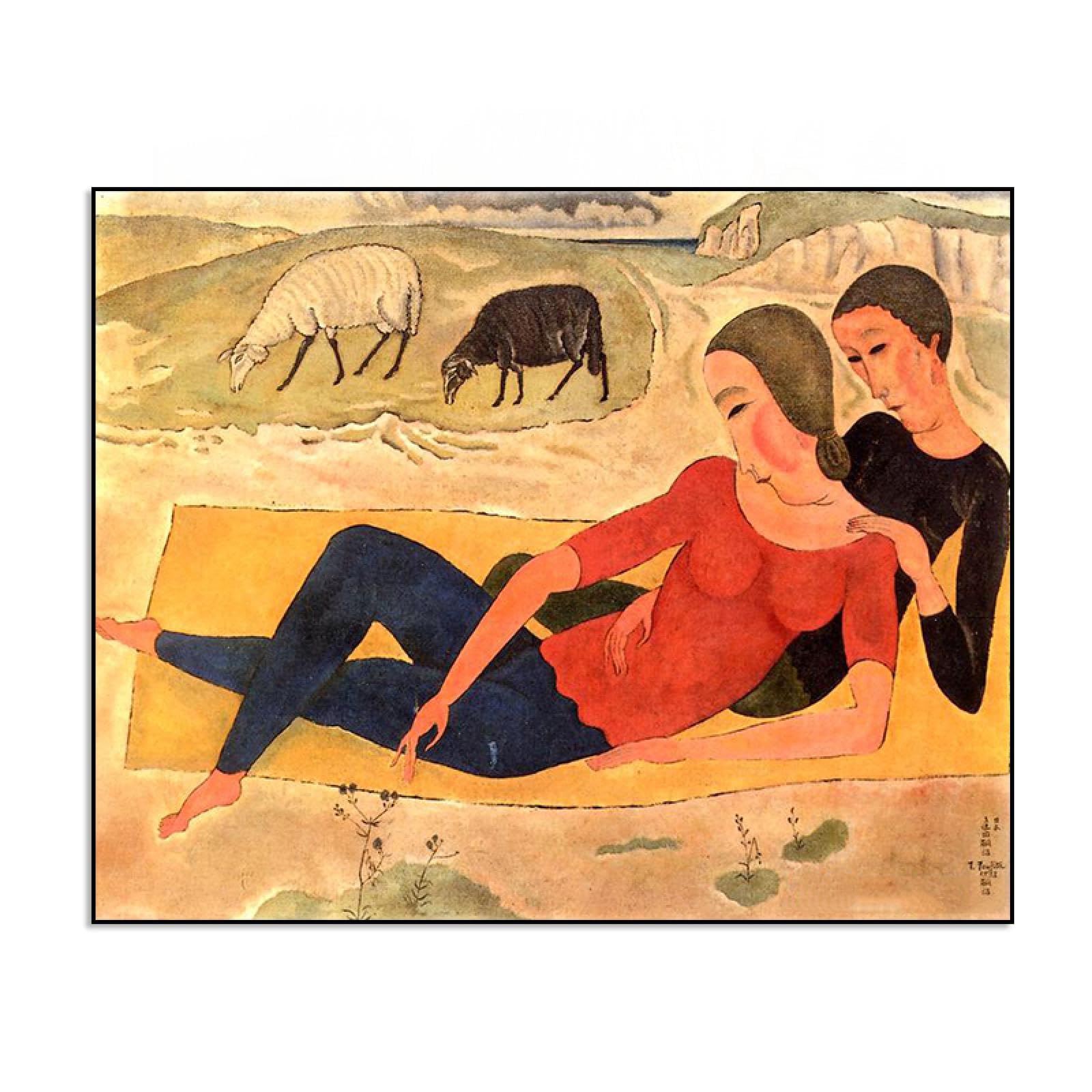 LXURY Famoso dipinto pronto da appendere Incorniciato- Giovane coppia sotto le scogliere Stampe su tela Riproduzioni Immagine artistica da parete per la decorazione domestica 40x50 cm Cornice Nera