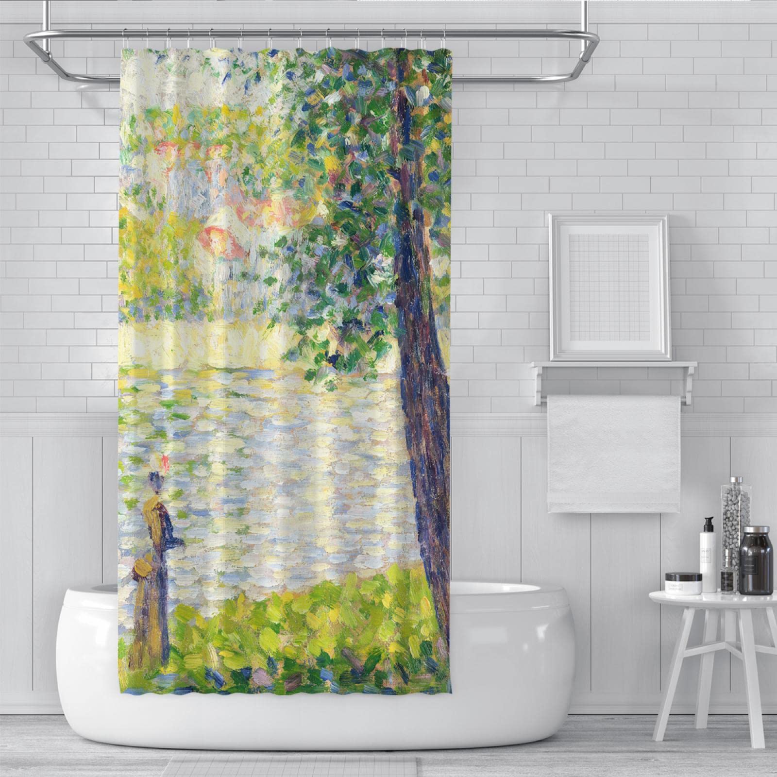Grüne abstrakte Flussuferlandschaft Duschvorhang-Sets Georges Seurat Kunst Badevorhänge Standardgröße Pflegeleichte Badvorhänge W78xL96in