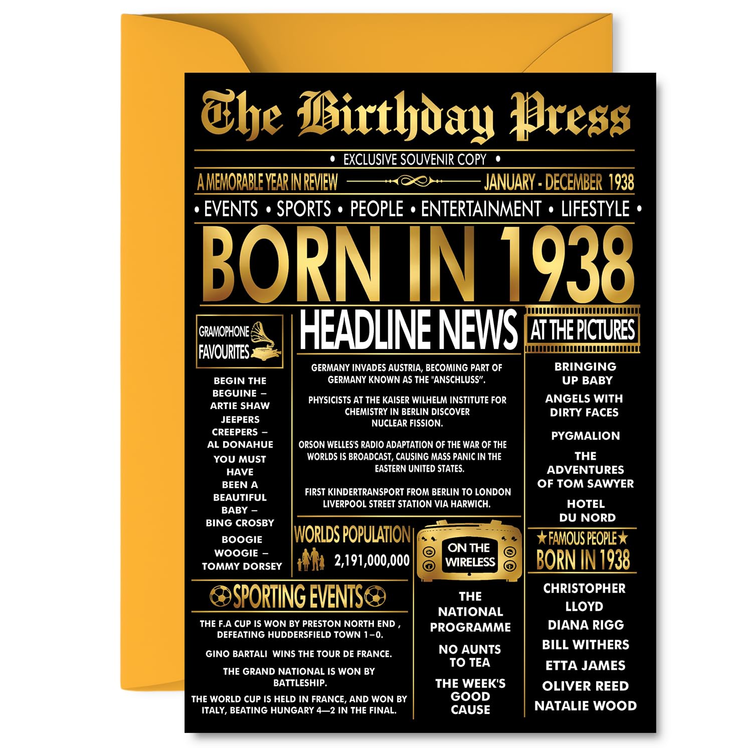 Gold 88th Birthday Card for Men Women - Black & Golden Newspaper Born in 1938 - Happy 88 Birthday Cards for Uncle Grandma Husband Dad Nan Grandad, 5x7 Inch Bday Greeting Cards