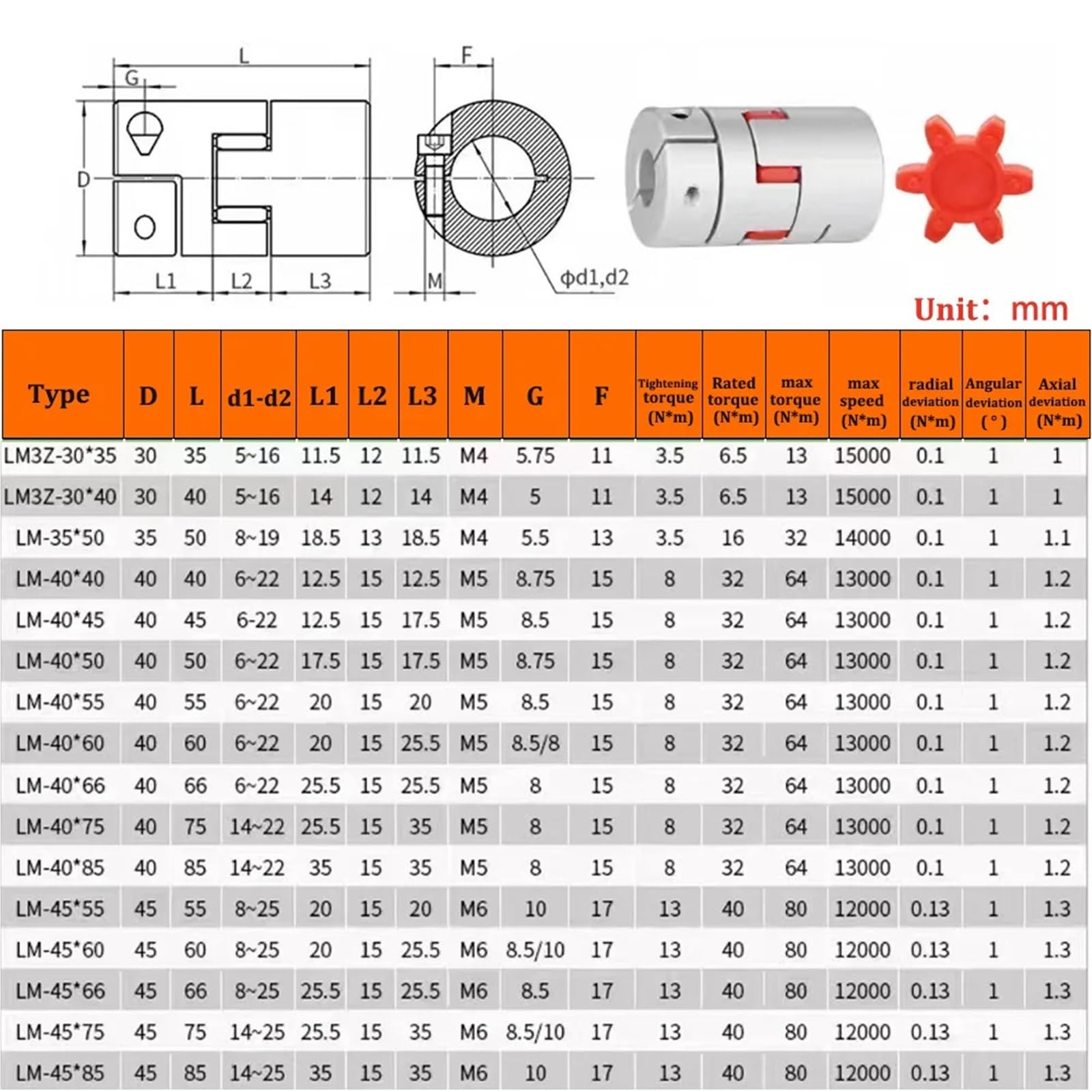 Coupleur de serrage flexible série LM D40 L60, taille d'arbre, accouplement d'arbre à mâchoire 6 mm-22 mm, couples D40L60 for moteur CNC(Other)