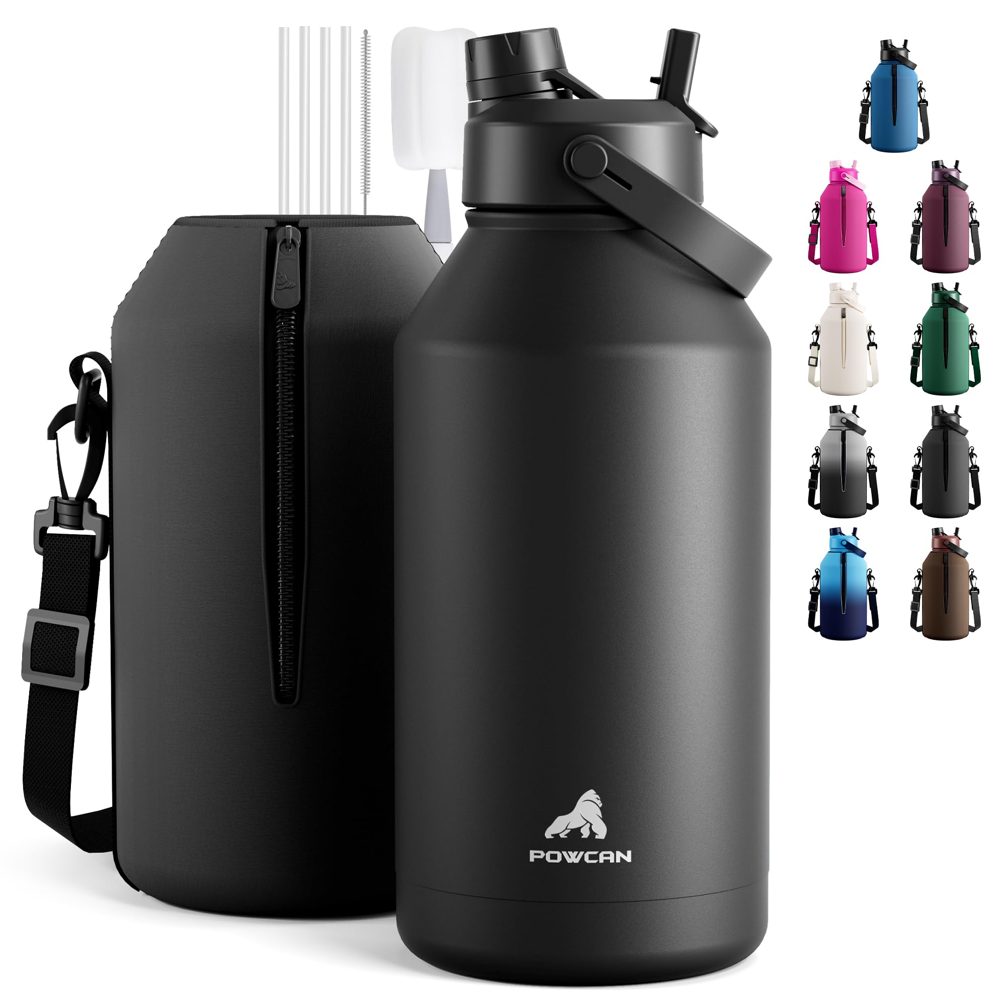 Photo 1 of POWCAN 64 oz Insulated Water Bottle for Sports: 2-in-1 Straw & Spout Lid, Leakproof, Carrier Bag, Shoulder Strap, Keep Cold 48H, BPA-Free, Half Gallon Metal Water Jug for Gym, Travel, Gift (Midnight)