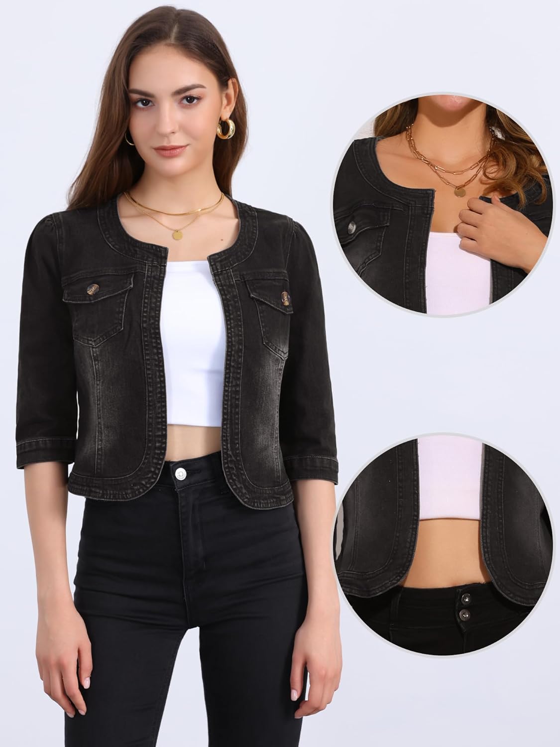 Allegra K Denim Jacket for Women's Collarless 2025 Cardigan 3/4 Sleeve Crop Jean Jackets - Image 4