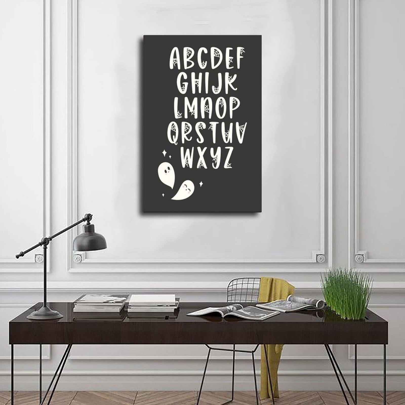 Poster sur toile de l'alphabet blanc sur fond noir pour l'apprentissage et l'éducation - Décoration murale pour salon, chambre à coucher - 61 x 91,4 cm (L x l)