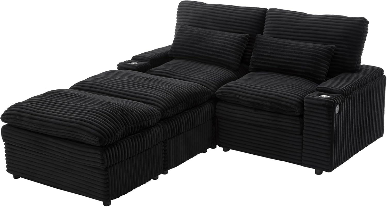70.9" Free-Combined Sectional Convertible Sofa Bed with Storage Space, Loveseat Couch with 2 Movable Ottomans, 4 USB Ports and 2 Cup Holders for Living Room (Black+Corduroy)