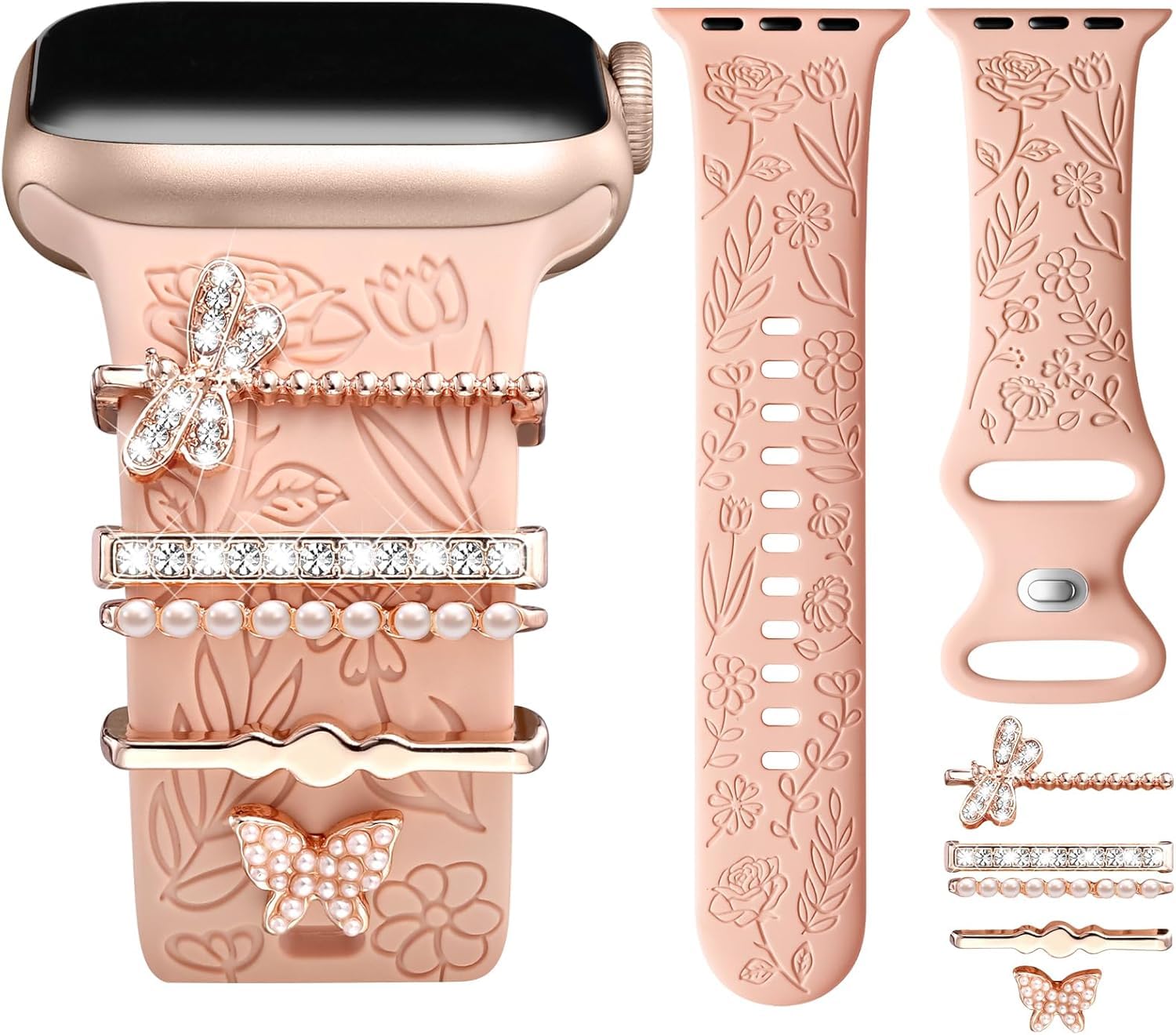 mFoniscie Compatible with Apple Watch Straps 42mm[Series 3 2 1] 44mm 45mm 46mm 49mm, Flower Engraved Silicone, Decorative Charms for iWatch Ultra 2 SE Series 10 9 8 7 6 5 4 3 2 1 [WATCH NOT INCLUDED]-image-44