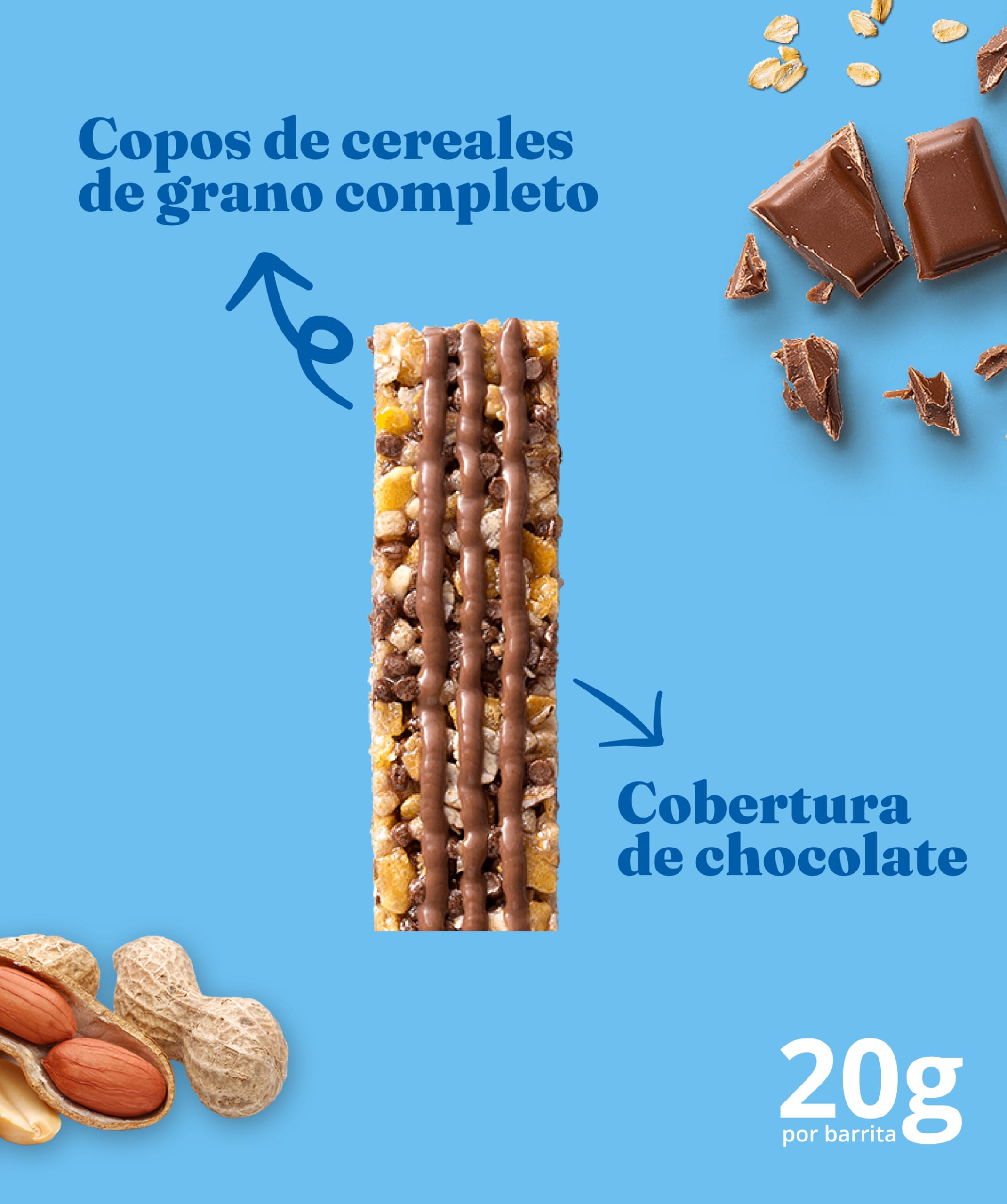 Corny 0%, Barrita de Cacahuetes y Chocolate con Leche, Sin Azúcares Añadidos, Con Cereales Integrales, Sabor Crujiente y Delicioso, Pack 10 estuches con 6 barritas 10x(6x20g)