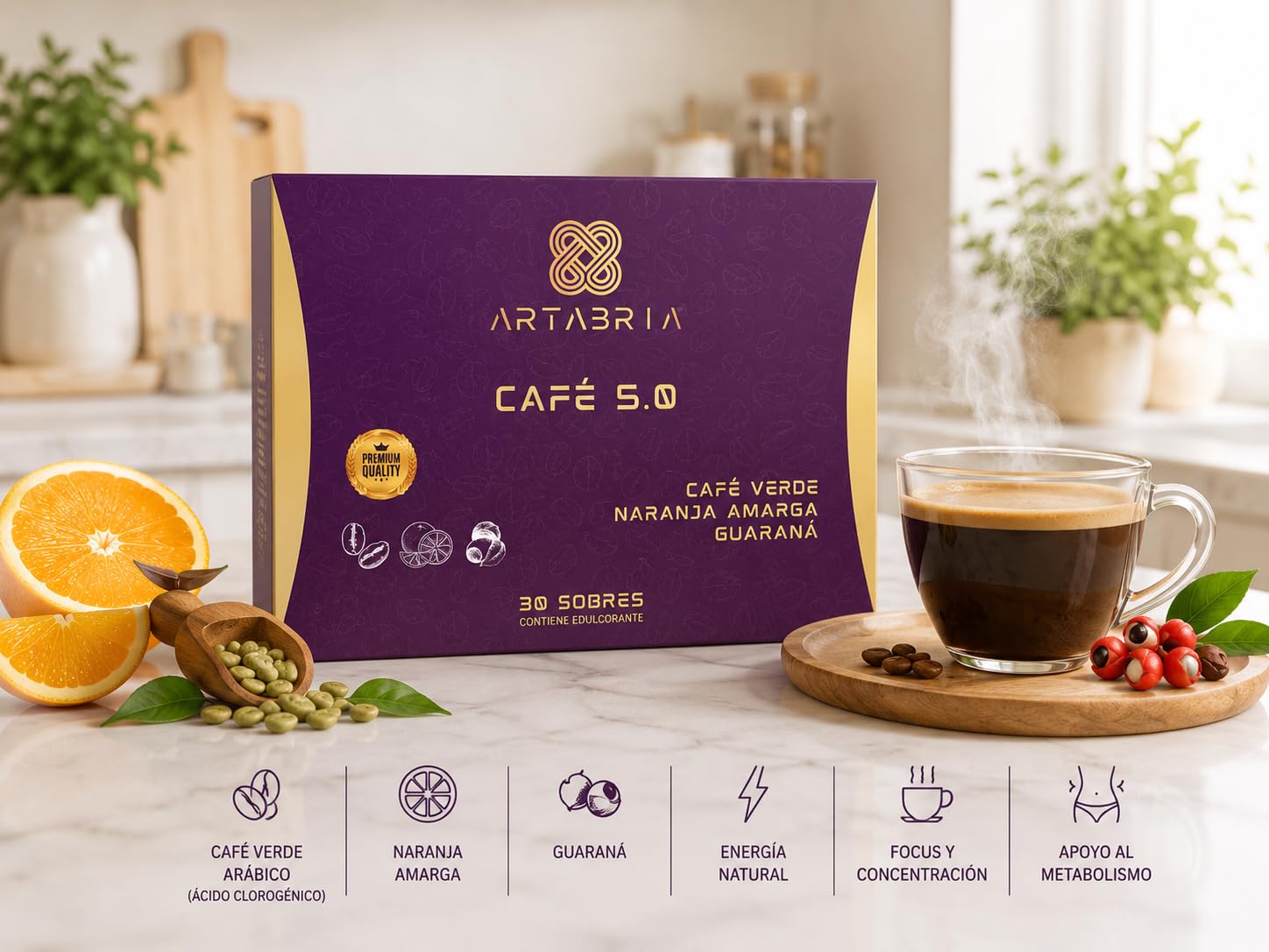Café Funcional 5.0 | Nutracéuticos | 30 Sobres Individuales | Estimulan el Metabolismo Aumentando el Gasto Energético Cafe ARTABRIA Con Café Verde (ácido clorogénico ACG), Naranja Amarga y Guaraná