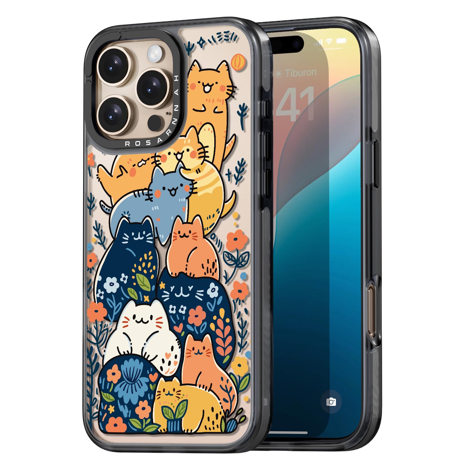 Rosarnnah Compatible for iPhone 16 Pro Max case Cute - Durable Shockproof 6.6 ft Drop Impact Phone Case - Black Funny Cats Party Design for iPhone 16