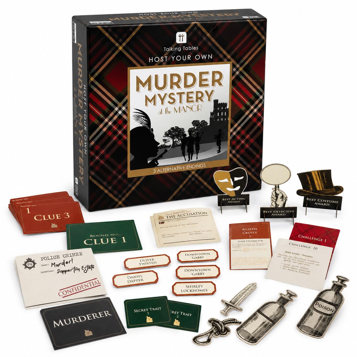 Jeu réutilisable Murder Mystery at the Manor After Dinner Party pour adultes, organisez votre propre soirée de jeux sur le thème des Highlands écossais, 3 fins alternatives pour déguisement, idée