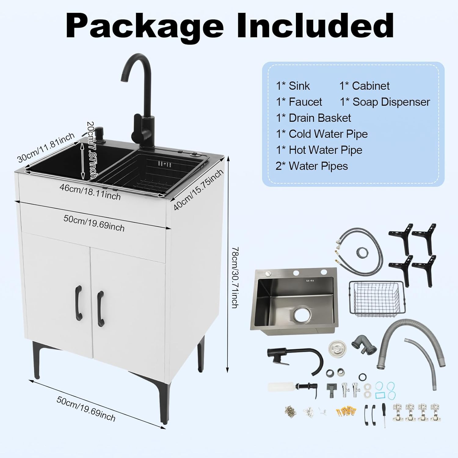 Laundry Utility Sink with Cabinet, Kitchen Sink Base Bathroom Vanity Ready-to-Assemble Bathroom Cabinet 11.81" Width, All-in-One Utility Sink for Laundry Room, Garage, Mudroom (White)