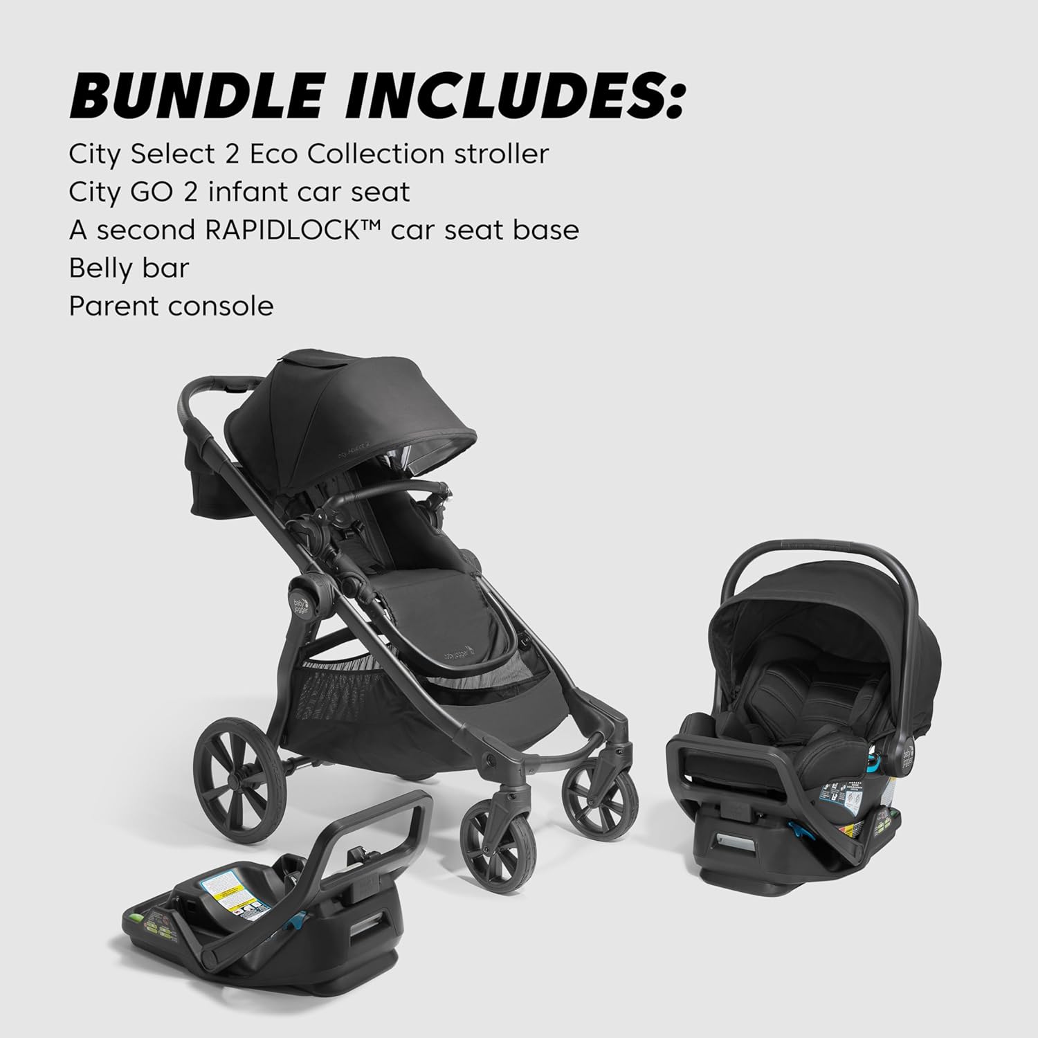 Baby Jogger City Select 2 Travel System, Eco Collection | Infant Essentials Bundle Includes City GO 2 Infant Car Seat, Extra Car Seat Base, Belly Bar & Parent Console