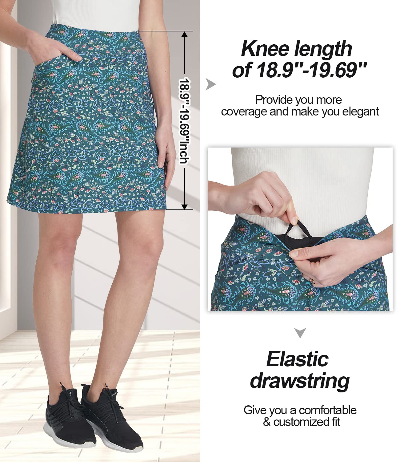 Jupe de Tennis Femme Plus Jupe Short Longueur Genoux Jupes avec Short & Poches pour Golf la Course L'entraînement Randonnée Canna M