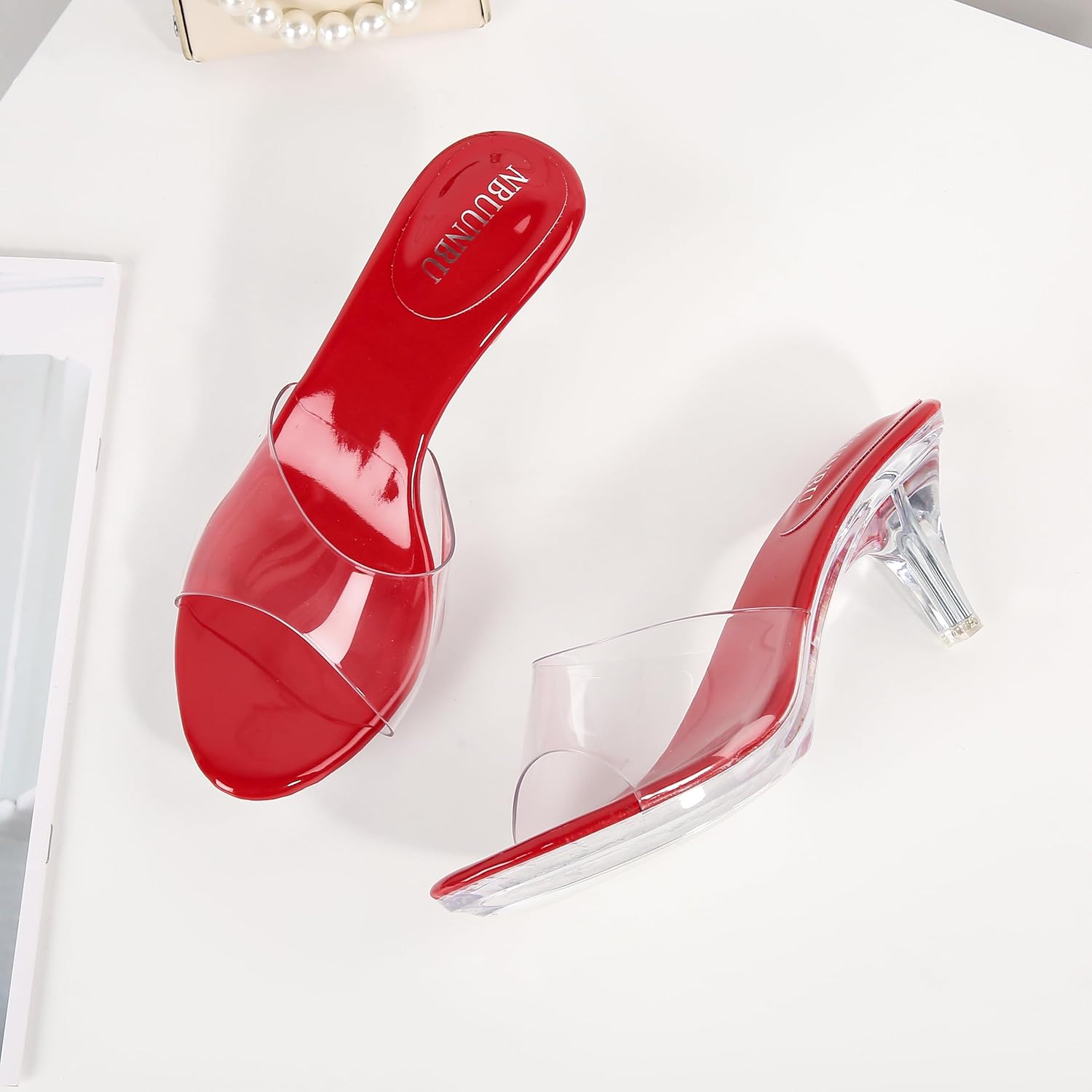 NBUUNBU Clear Heels for Women Silver Black Heels Little Platform Sexy High Heels Sandals Stiletto Kitten Open Toe Dress Shoes Comfortable Double Transparent Strap Heeled Sandals Mule - Image 5