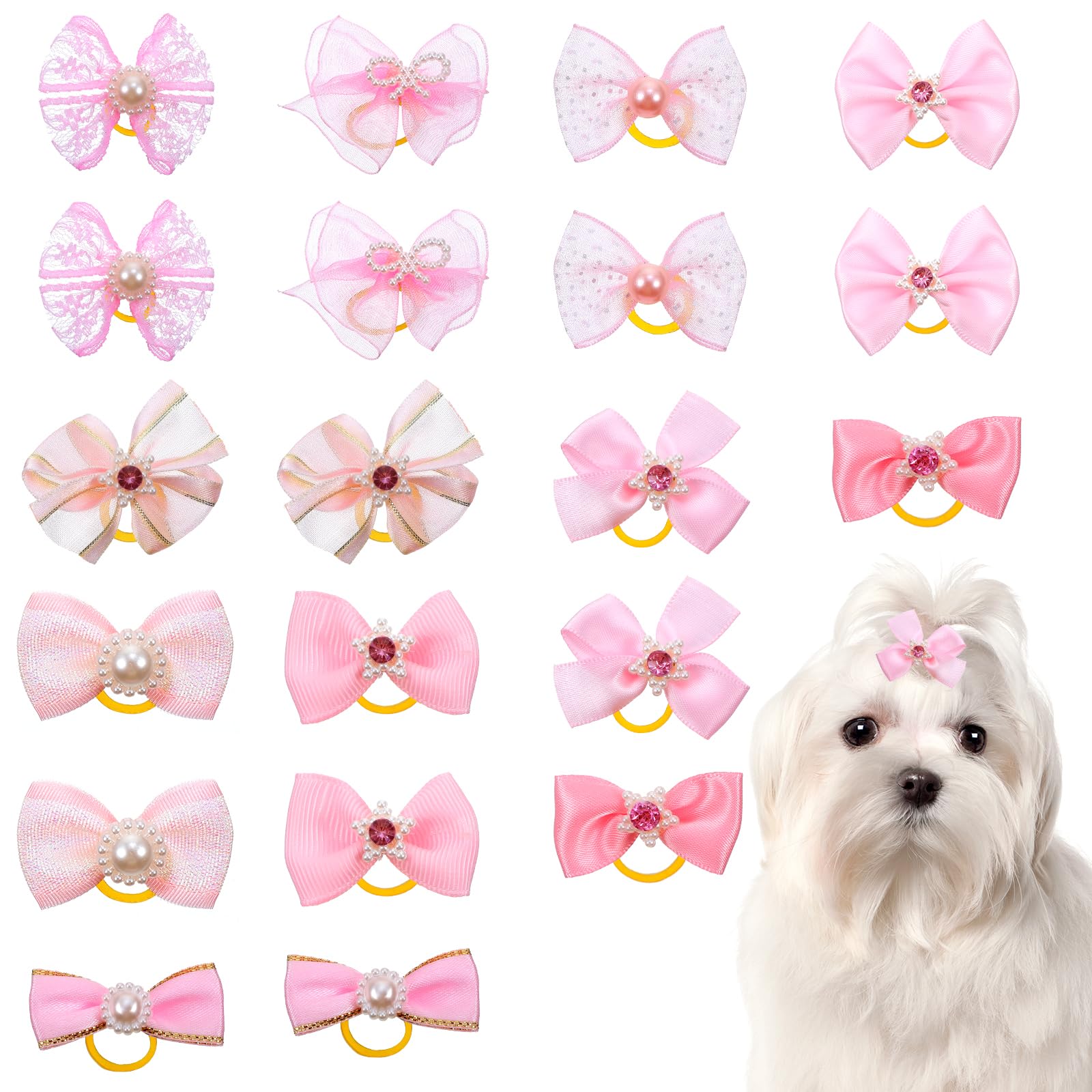 Fiocchi per cani piccoli e carini con elastici in pizzo strass perle accessori capelli idea regalo (rosa)