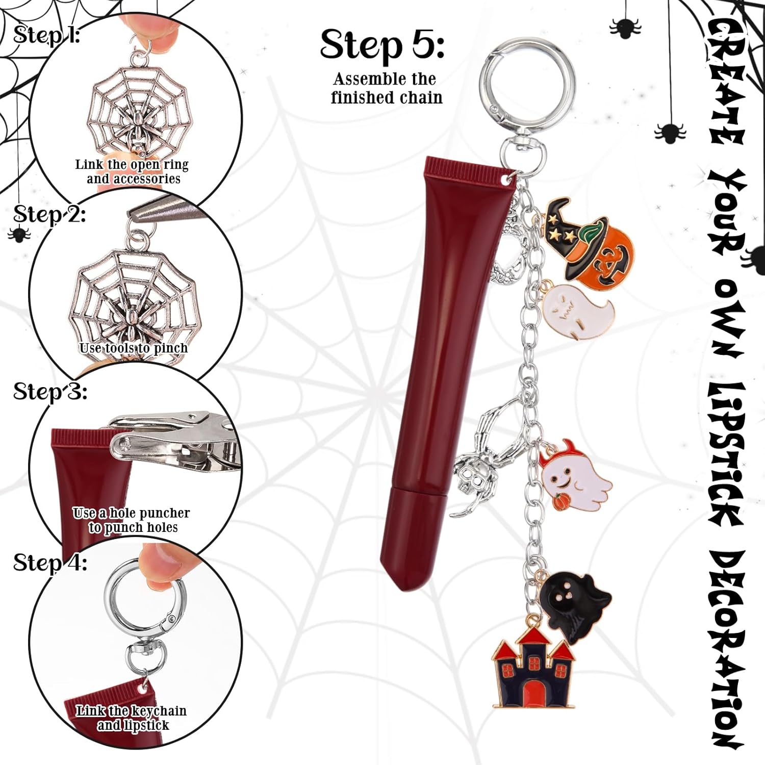Liliaafar 746 Pcs Halloween Lip Gloss Charm Keychain Making Kit 180 Assorted Halloween Ghost Pumpkin Bat Witch Hat Charms 30 Keychain Clips 3 Roll Extender Chain Jewelry Plier for DIY Crafts - Image 3