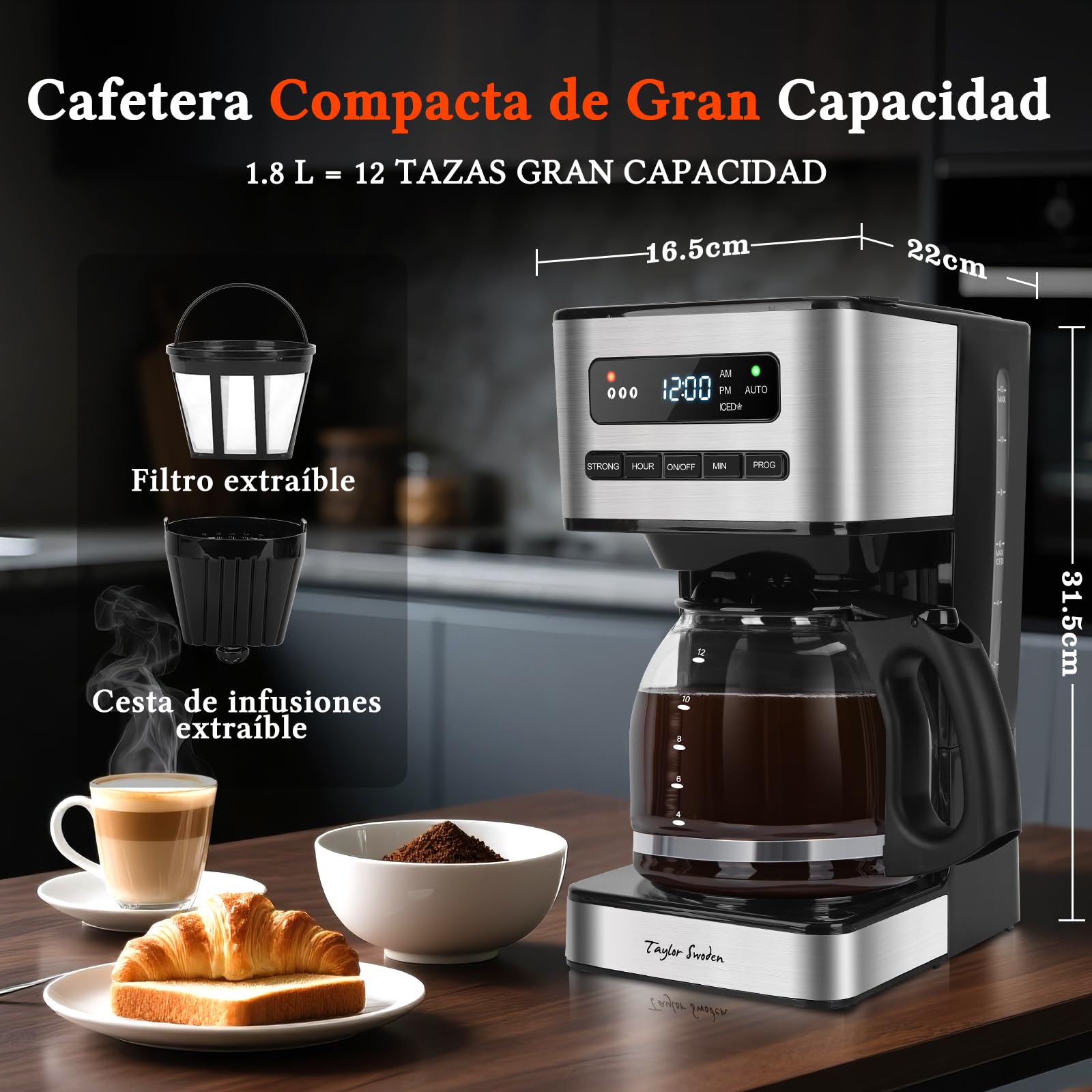 Taylor Swoden Cafetera Goteo 12 Tazas(1.8L) - Programable 24H con LED, 3 Niveles + Modo Café Helado, Jarra Borosilicato, 40 Min Mantener caliente+Autoapagado, Autolimpieza, Antigoteo, Inoxidable, 900W
