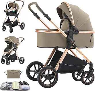 – 3 in 1 Baby Stroller with Height Adjustable Handle,3 in 1 Prams Travel System, Lightweight Foldable Pushchair, Prams with Aluminum Frame for Portable Baby Carriage