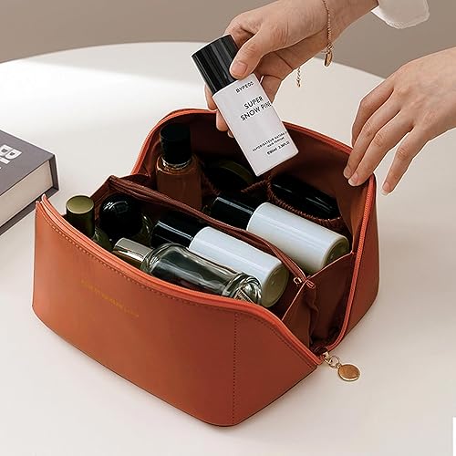 Miniatura 3 de Bolsa organizadora de maquillaje de cuero PU portátil impermeable para kits de cuidado de piel cosméticos bolsas de artículos de tocador, Marrón,