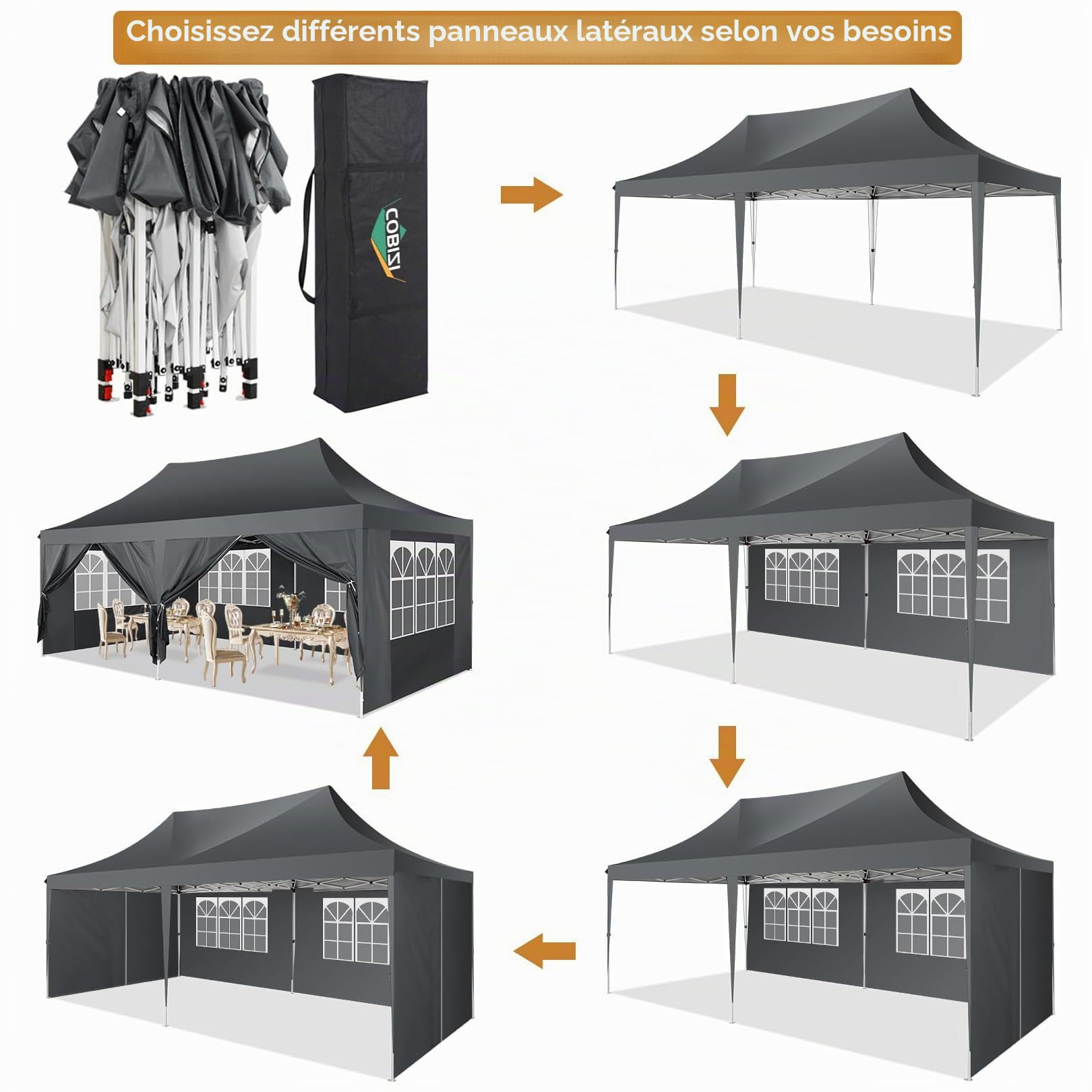 COBIZI Tonnelle Pliante 3x6m avec 6 Parois Imperméable,Gris | Barnum Pliant 3x6 Professionnel Protection UV, Tonnelle de Jardin Exterieur pour Fête Plage Terrasse Camping Tente