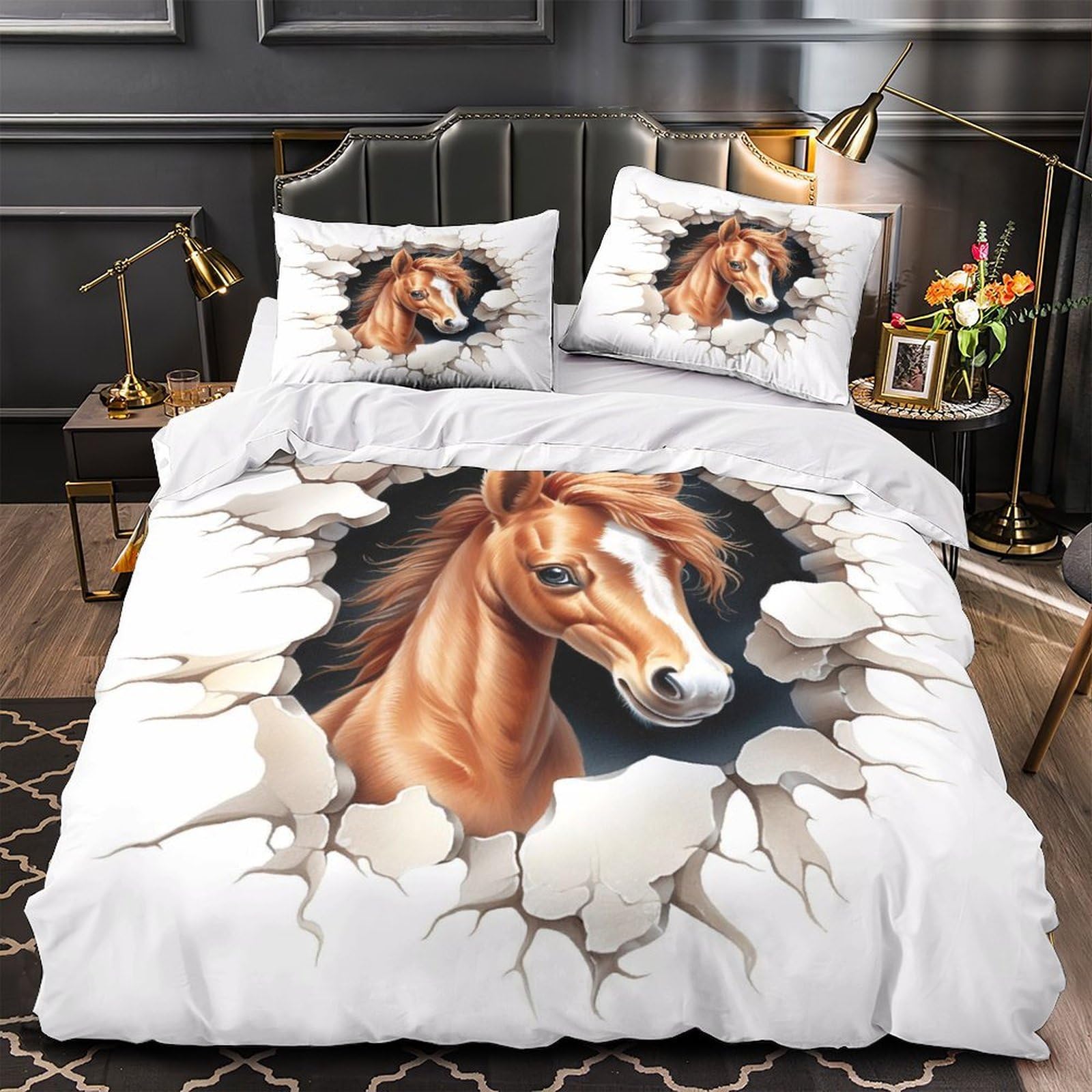 Housse de couette cheval en microfibre douce et hypoallergénique 140x200
