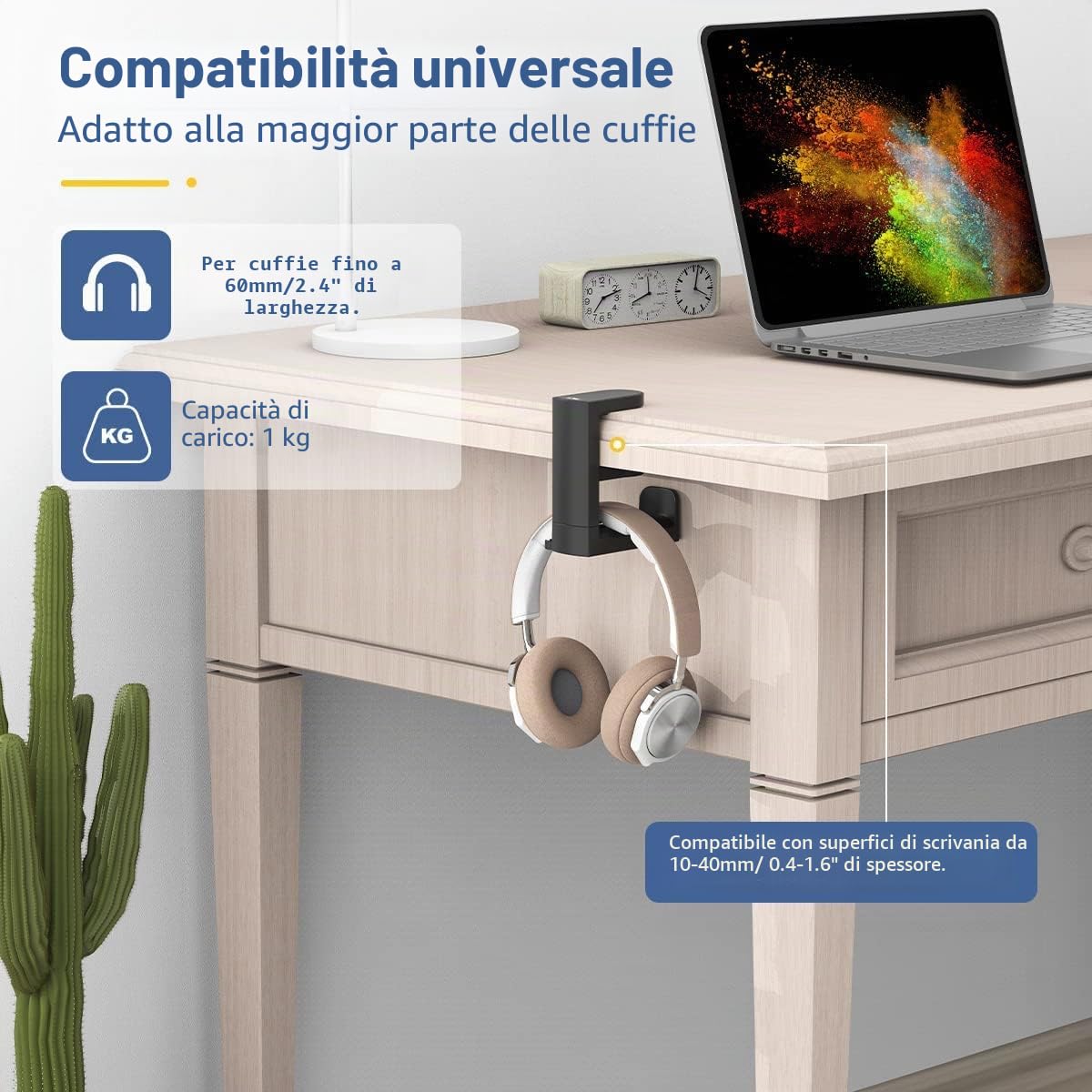 KIWIFOTOS Supporto per cuffie con gancio girevole a 360° + clip per cavo, supporto per cuffie da gioco sotto la scrivania per Sony, Beats, Sennheiser, HyperX