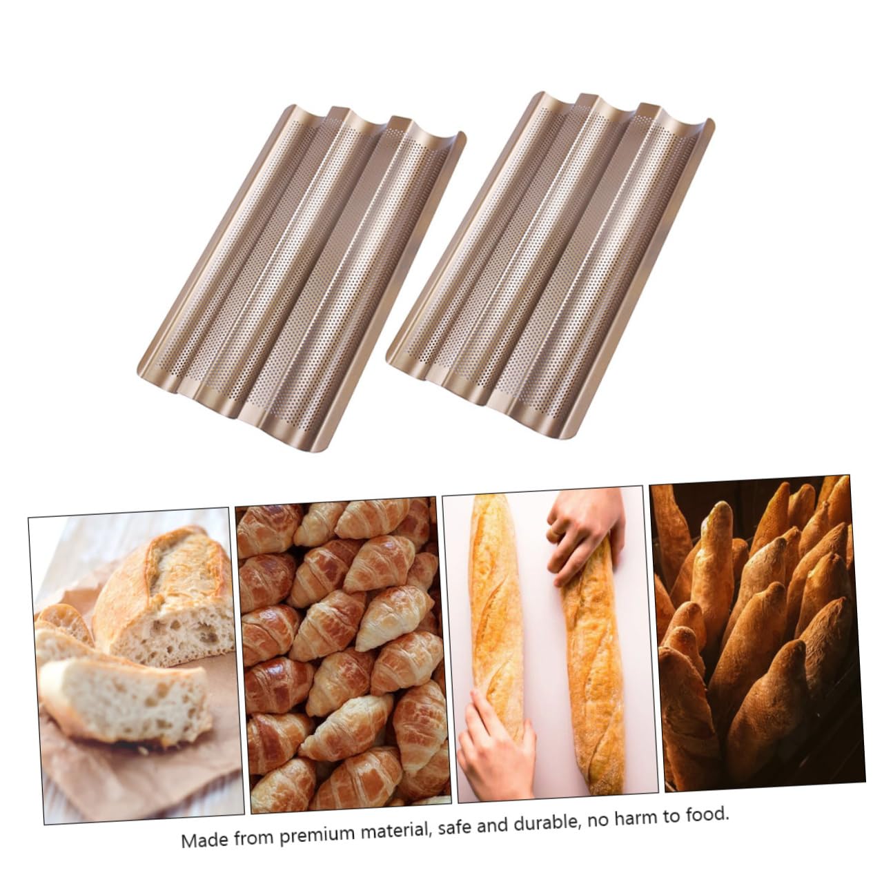 COLLBATH Französische Brotbackform 2 Stück aus Kohlenstoffstahl, Antihaft | 3 Wellen, 3 Schlitze und Perforiertes Design, Geeignet zum Backen von Baguette