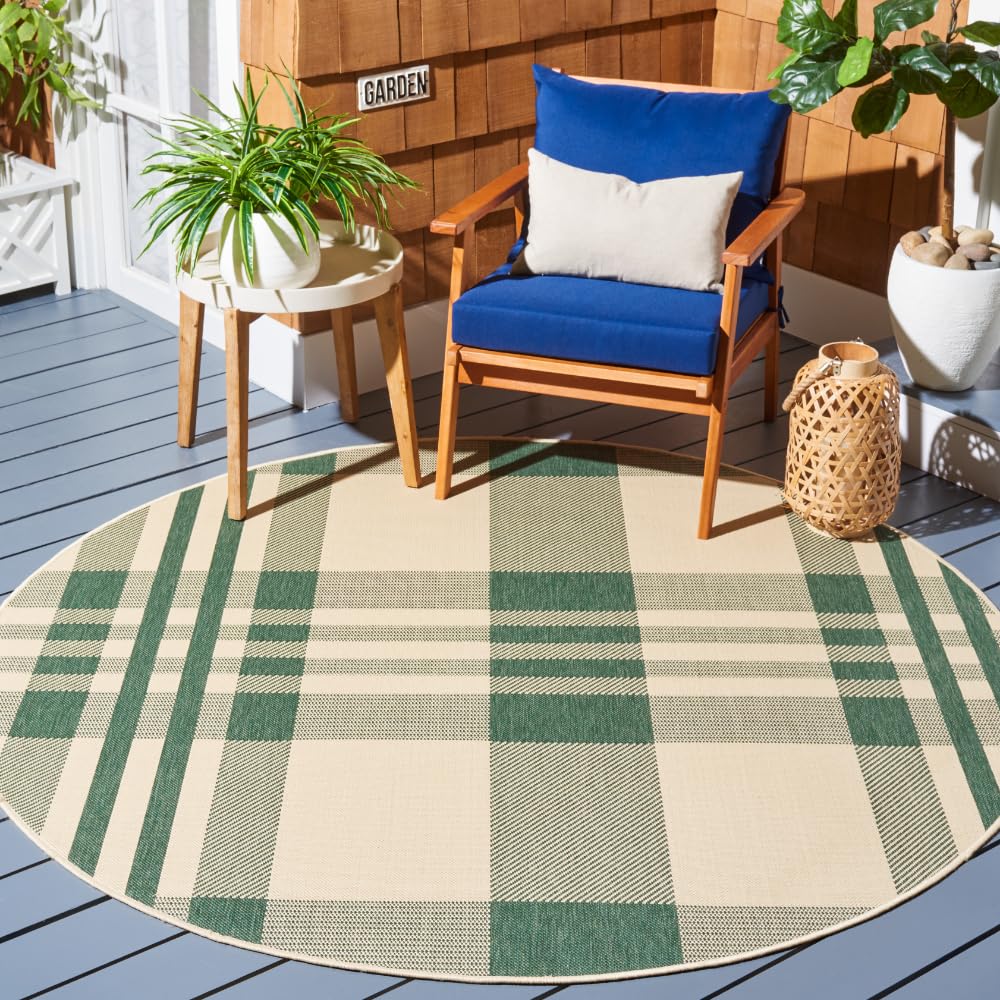 SAFAVIEH Washable Rug Outdoor Courtyard Collection - 6'7" Round, Green & Beige, Plaid Pattern, Non-Shedding & Easy Cleaning, Ideal for Patio, Backyard