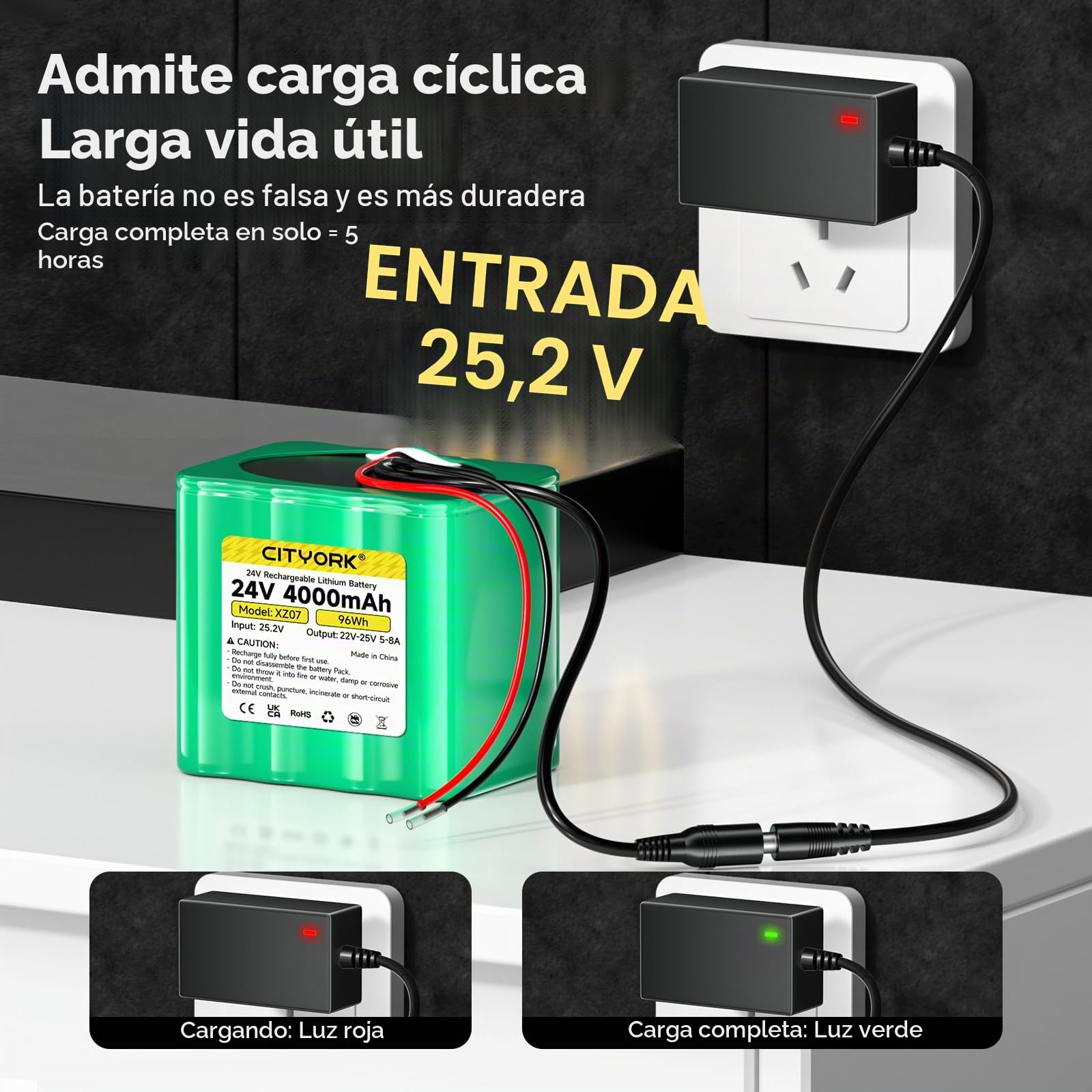 CITYORK Batería de litio de 24 V 4000 mAh y cargador, cable de extensión, conexión de cable para proyectos de bricolaje, farolas solares, cámara CCTV, altavoz, pulverizador y más