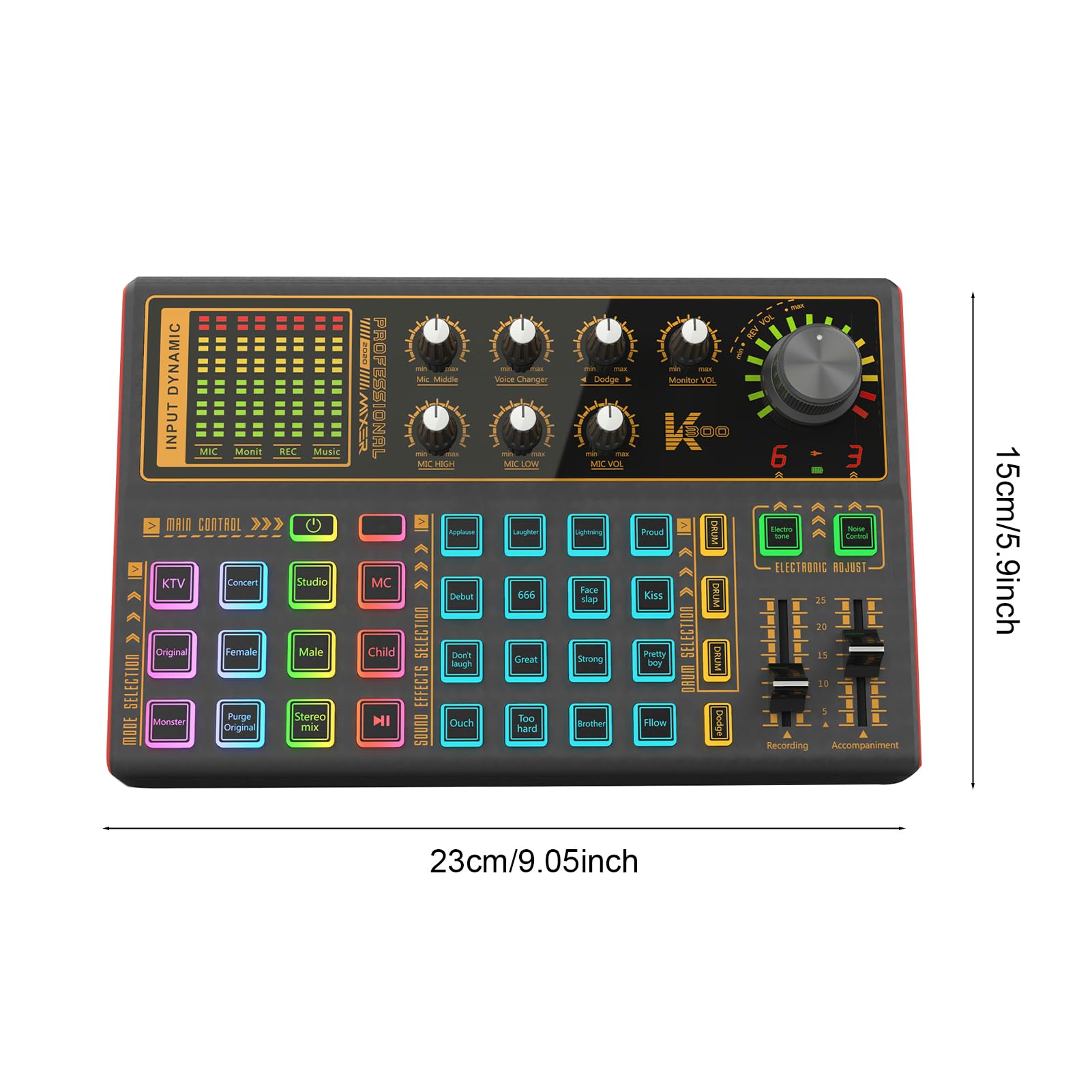 Docooler K300 Carte son en direct avec plusieurs effets de mixage DJ, modificateur de voix et lumière LED pour streaming, podcasting, enregistrement de jeu
