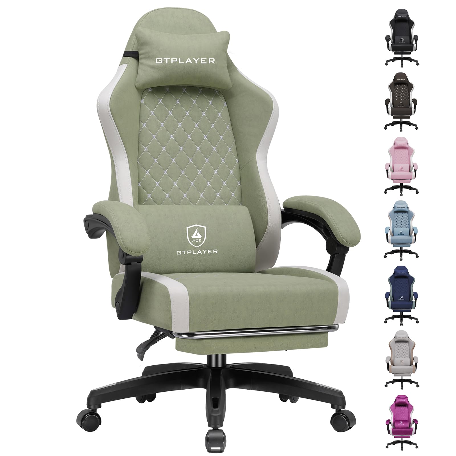 GTPLAYER Fabric Gaming Chair with Footrest, Ergonomic Computer Desk Chair with Pocket Spring Cushion Home Office High Back Support Lumbar Support Heavy Duty Wide