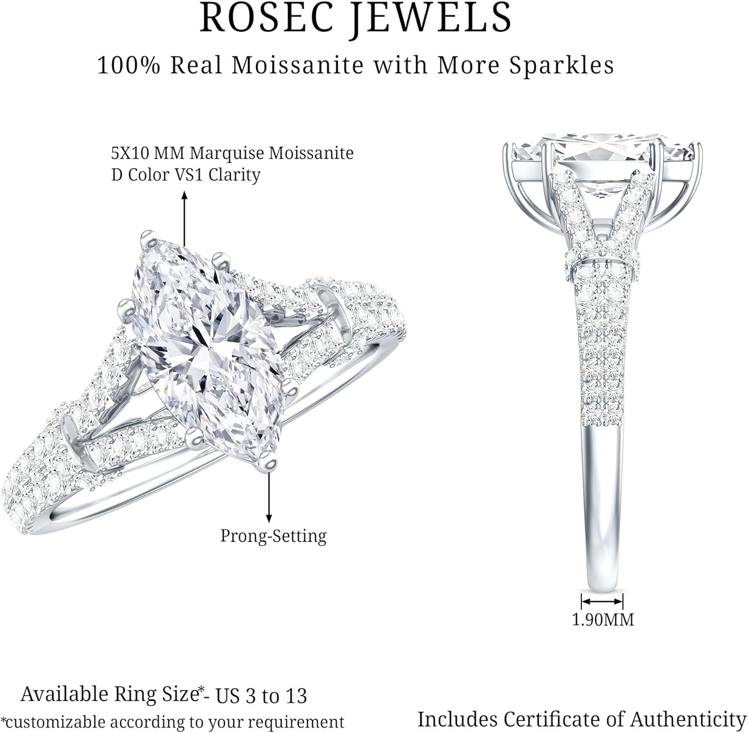 Certified Moissanite Marquise Engagement Ring, D-Vs1 Quality, Moissanite 1 Ct Engagement Ring For Women - With Jewelry Box