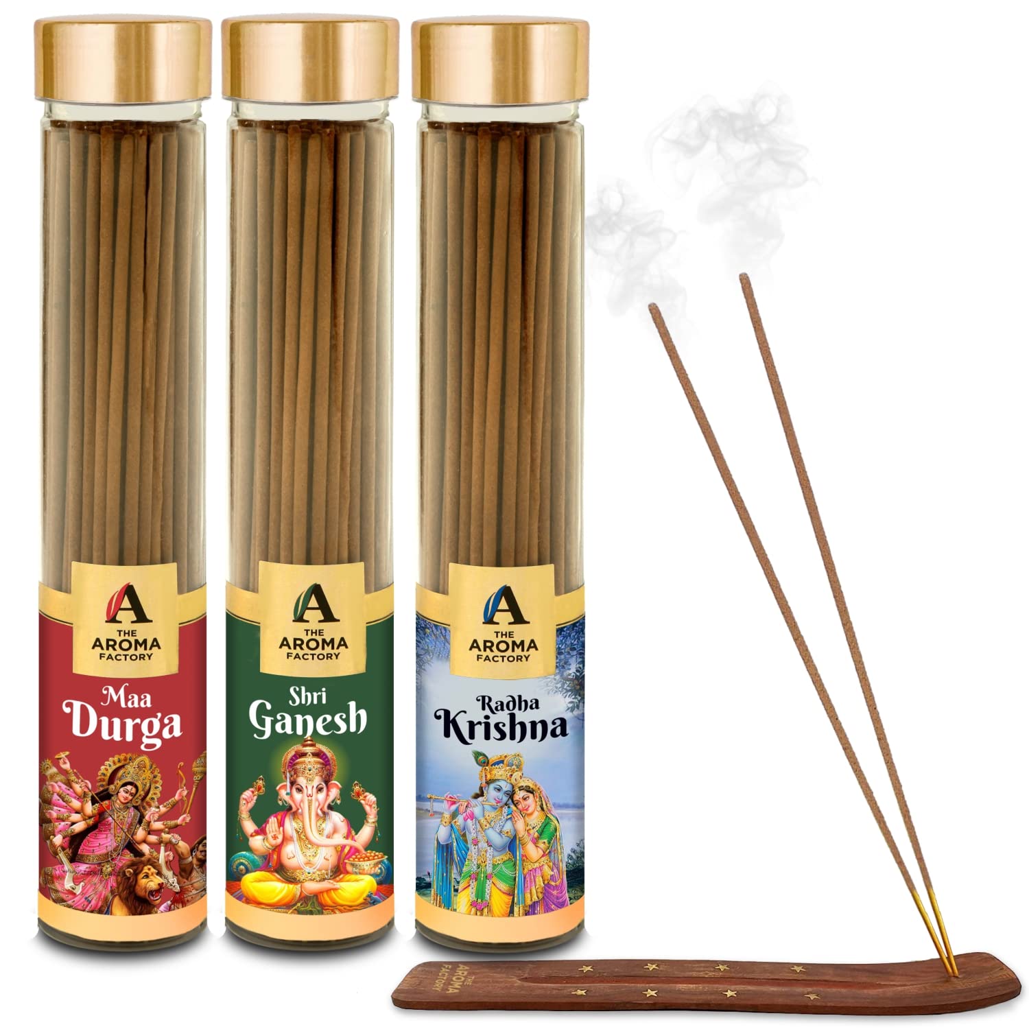 The Aroma Factory Maa Durga,Shri Ganesh & Radha Krishna Agarbatti for Pooja,Luxury Incense,100% Herbal Fragrance Agarbathi (Bottle Pack of 3x100g)