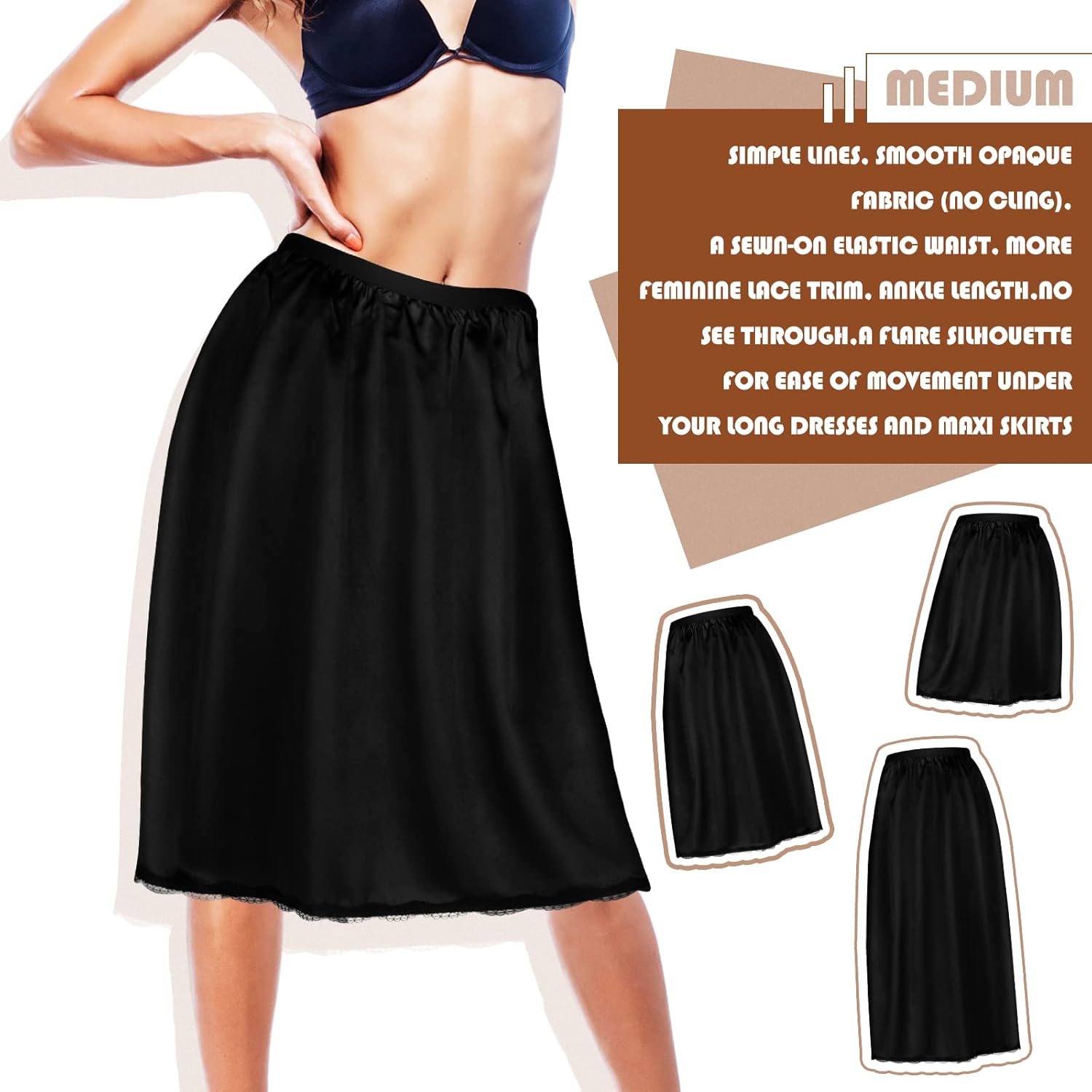 3 Pieces Half Slips for Women 3 Kinds of Length 19, 27, 35 Inch Slip Under Dress Satin Lace Long Skirt - Image 4