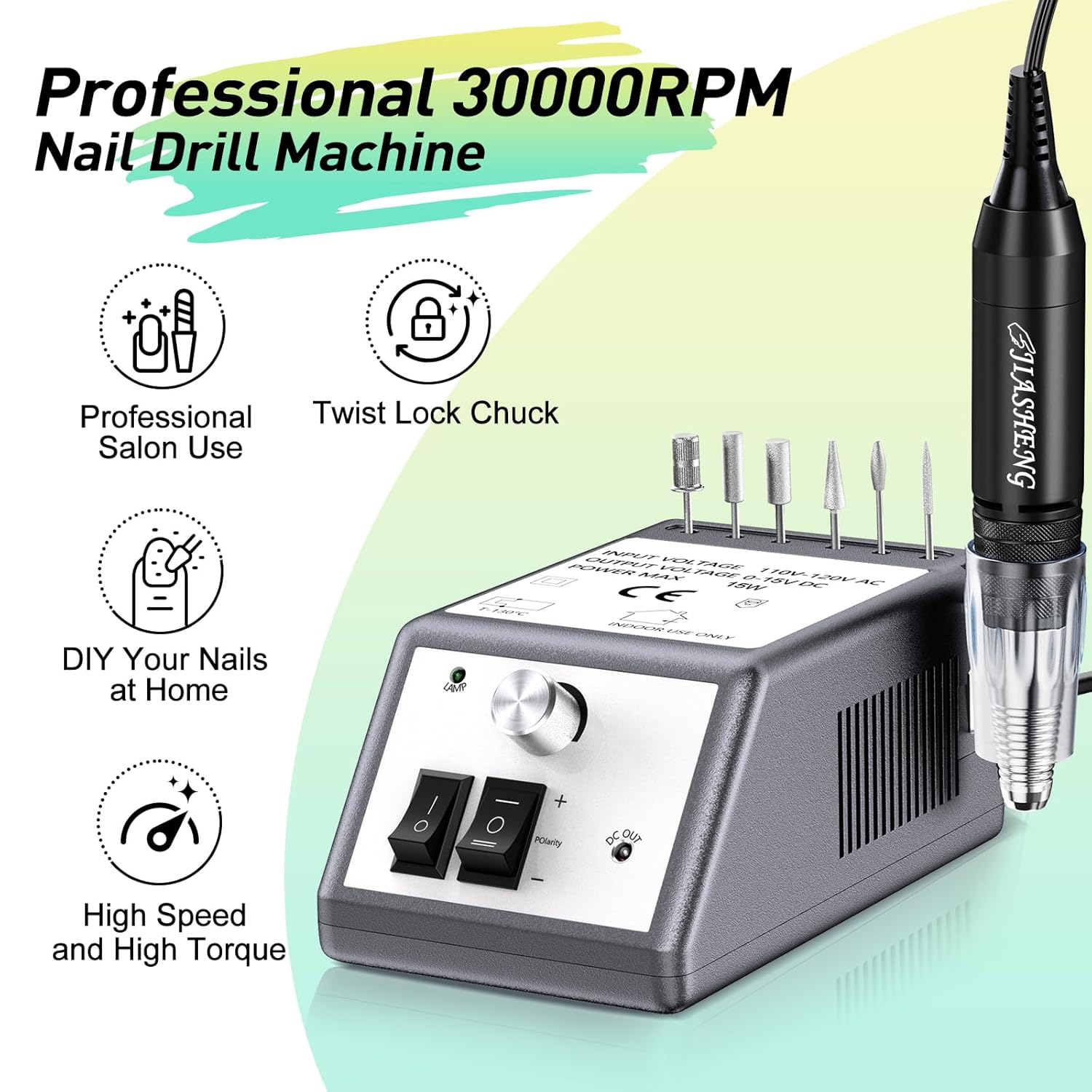 30,000 RPM Professional Nail Drill, High Speed Grinder Manicure E File Kit, Acrylic Gel Nails Polish Remover Buffer for Artificial Nails with Nail Drill Bits and Sanding Bands(Grey)