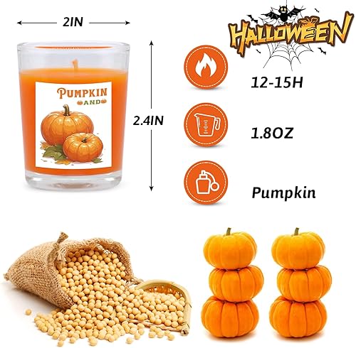 Miniatura 5 de Juego de 12 velas votivas de vidrio con aroma a calabaza, aroma cálido de otoño, perfectas para decoración del hogar, Acción de Gracias y fiestas de