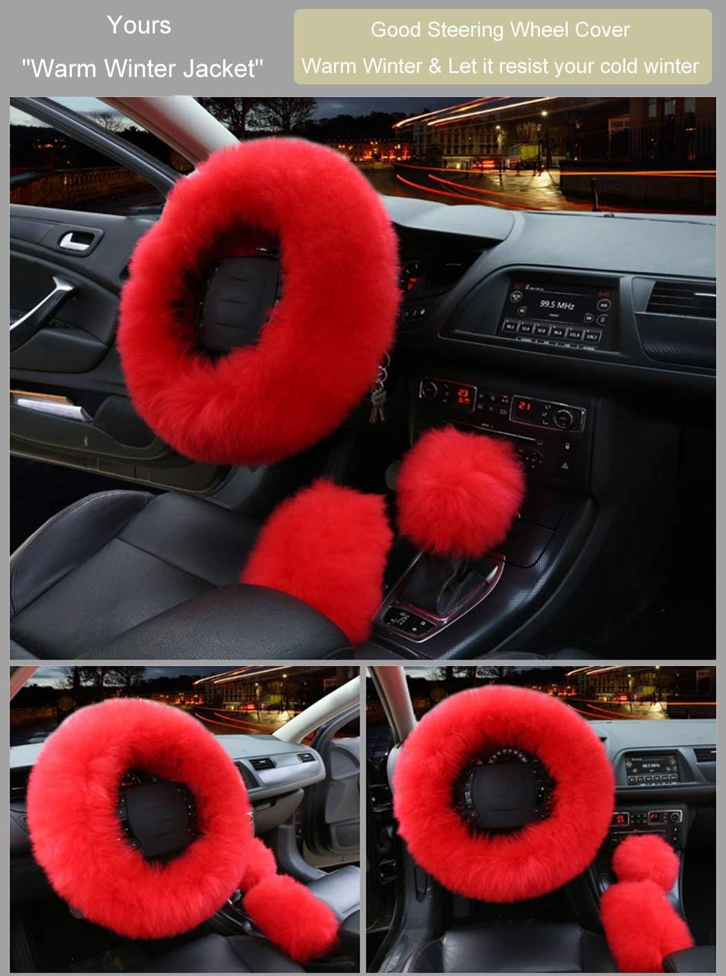 Car Steering Wheel Cover Gear Shift Handbrake Fuzzy Cover 1 Set 3 Pcs Multi-Colored with Winter Warm Pure Wool Fashion for Girl Women Ladies Universal Fit Most Car (Red)