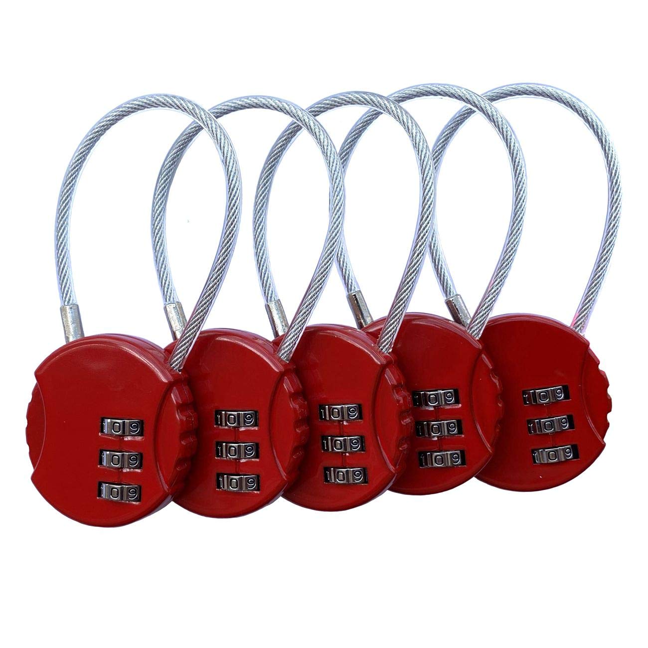 3-Digit Cable Luggage Locks Re-settable Combination, Alloy Body Color Locks (Red 5 Pack)