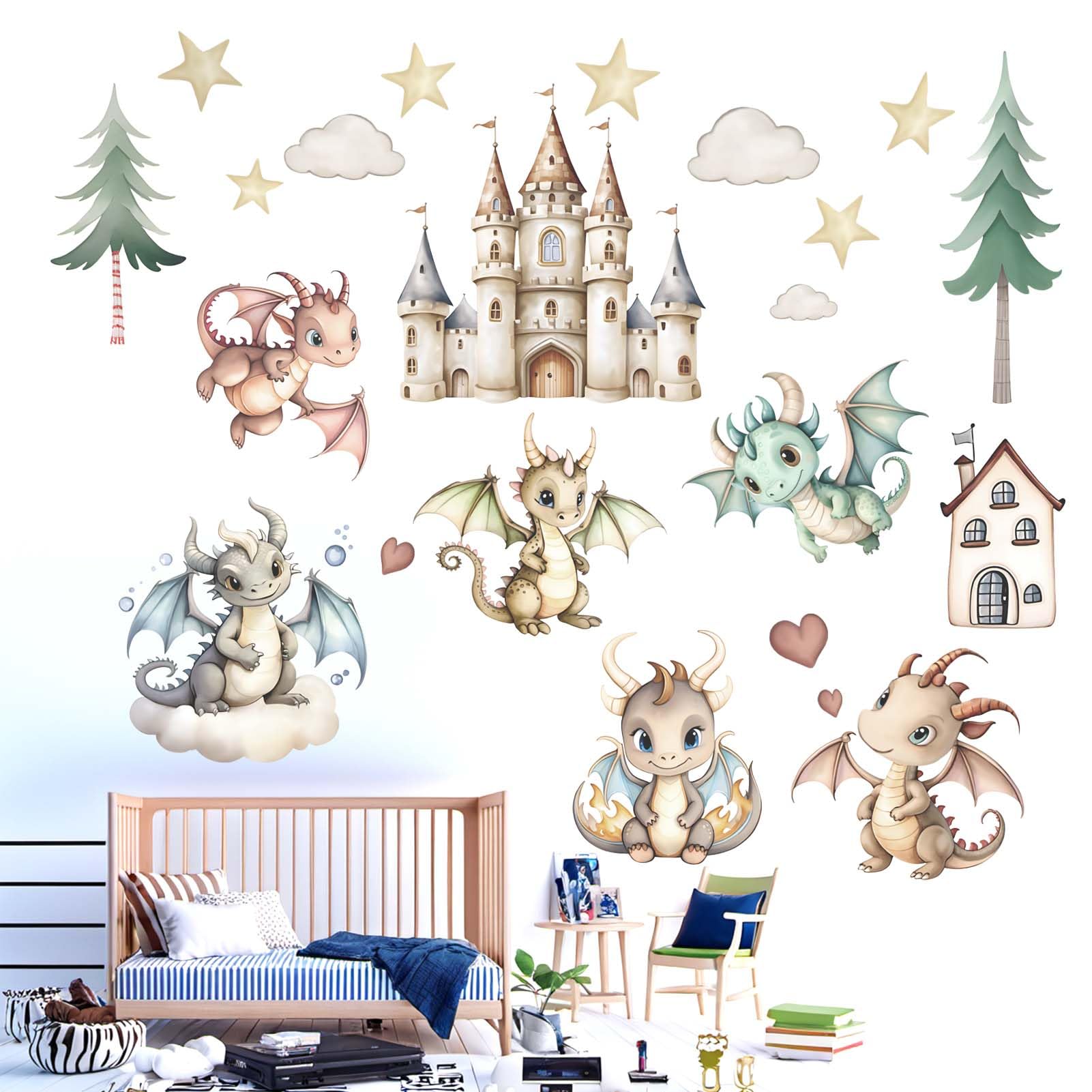 Baby Dragon Wall Stickers for Boys: Peel and Stick Cute Stars Clouds Tree Wall Decals - Wall Decor Art Kids Supplies Ages 1-12 Year - Image 3