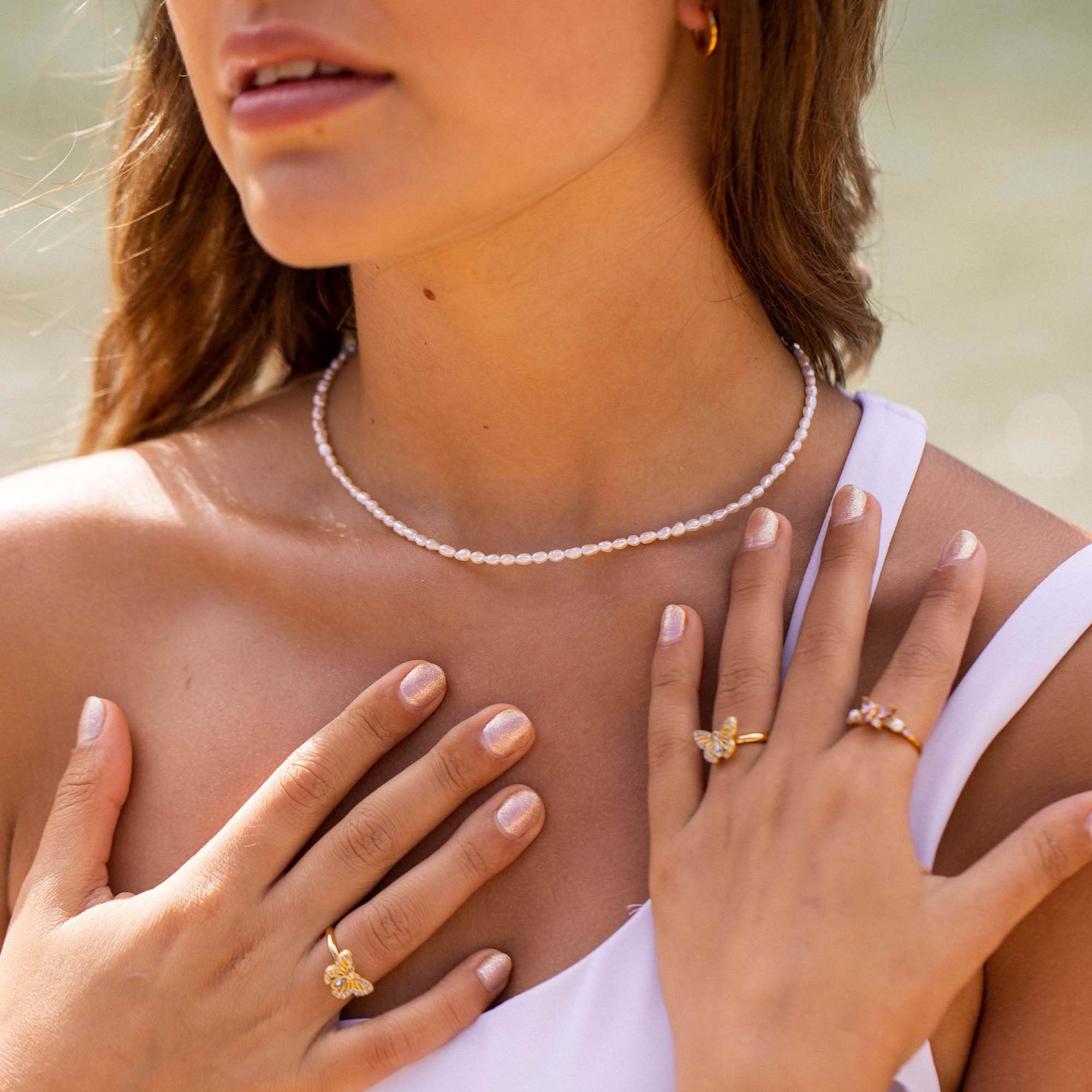 Purelei Enchant - Collar de perlas de agua dulce auténticas para mujer, cadena ajustable (30/40 cm), brillante y elegante, acero inoxidable chapado en oro de 18 quilates o plata