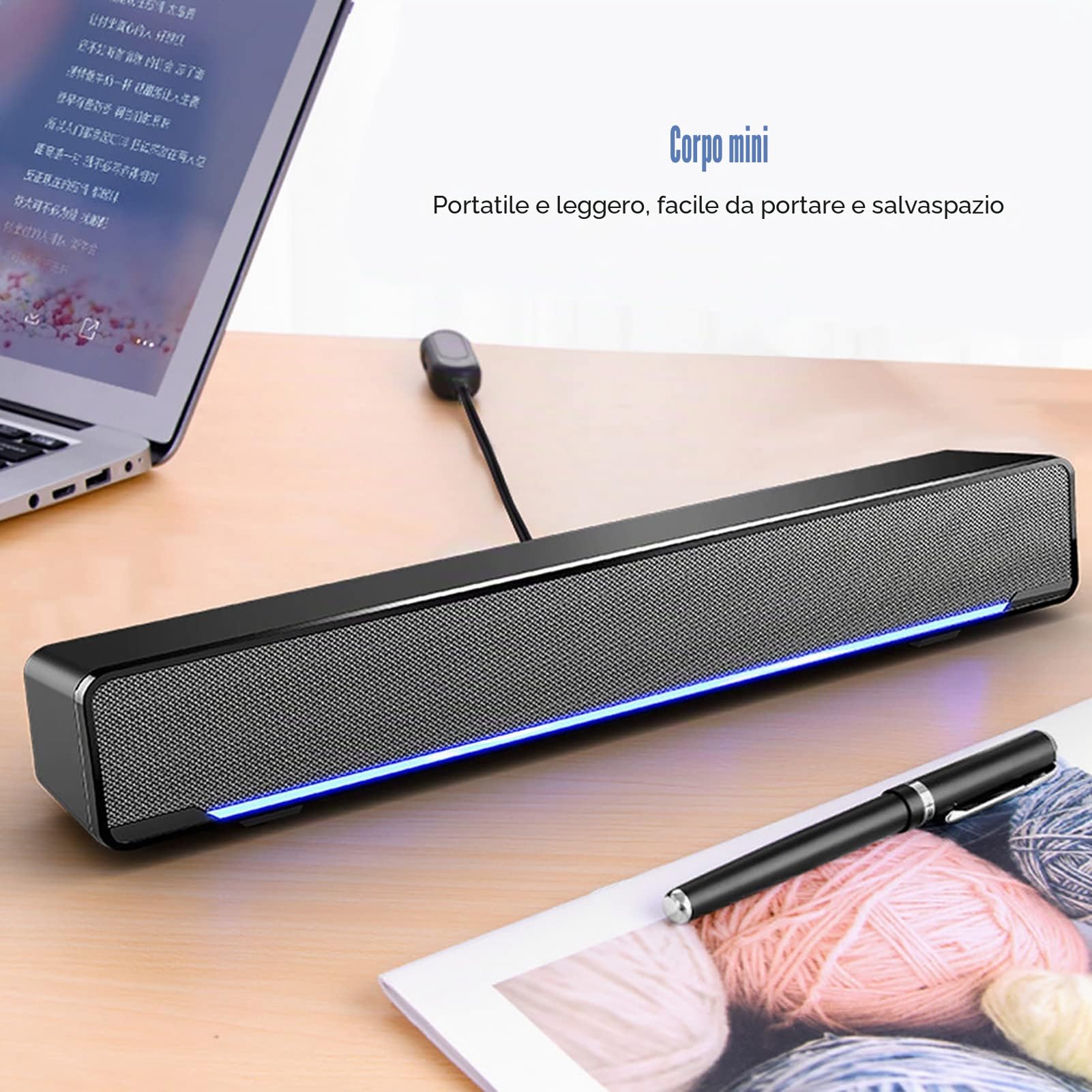 Zunate Soundbar, audio stereo 3D con cavo USB e ingresso da 3,5 mm, portatile per desktop, laptop, TV, smartphone, tablet PC (nero)