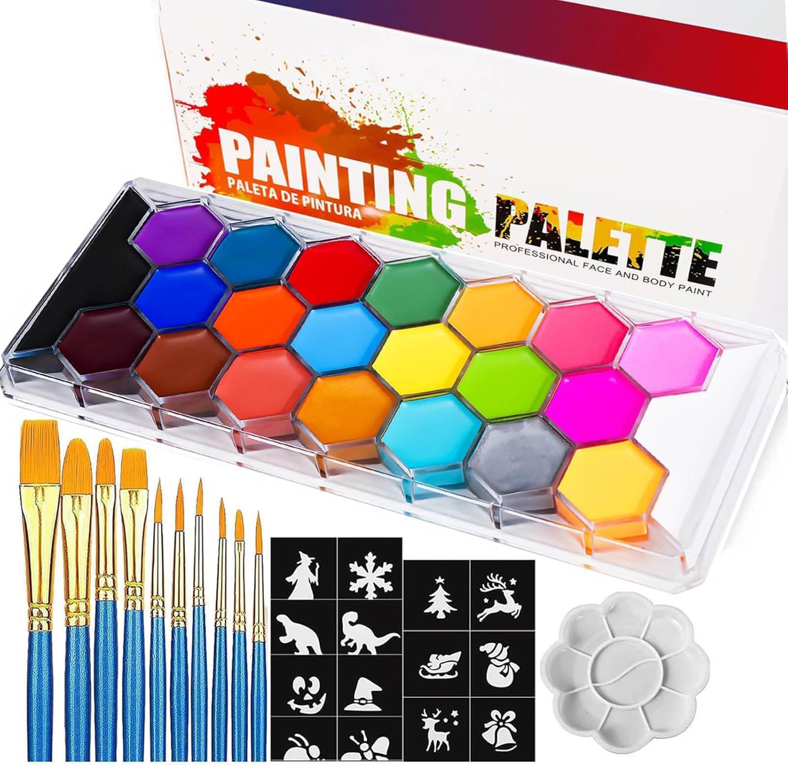 22 Colors Face & Body Paint Palette Kit，Halloween Makeup Kit, face painting kit professional，with 10 Brushes+30 pcs Stickers，Ideal for Halloween Cosplay Party SFX Arty Stage Makeup(22-Colors)