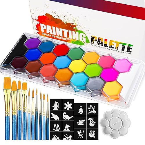 Kit de paleta de pintura facial y corporal de 20 colores, kit de maquillaje de Halloween, kit de pintura facial profesional, con 10 pinceles + 30
